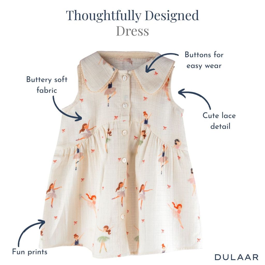 Dress with ballerina print and features labeled on a white background, featuring the brand 'Dulaar'.