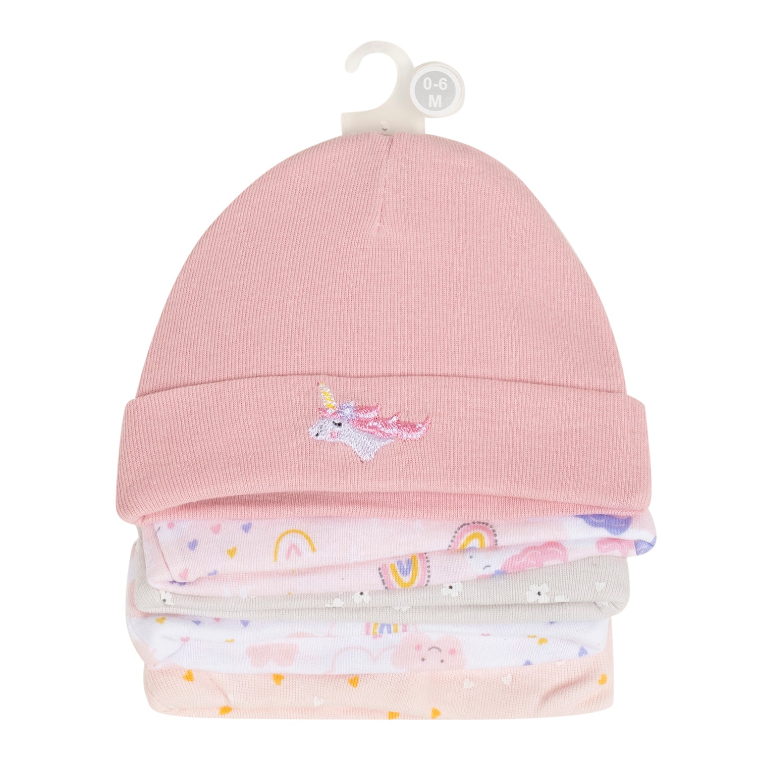 Baby Moo Rainbow Unicorn Infants Ultra Soft 100% Cotton All Season Pack of 5 Caps - Pink