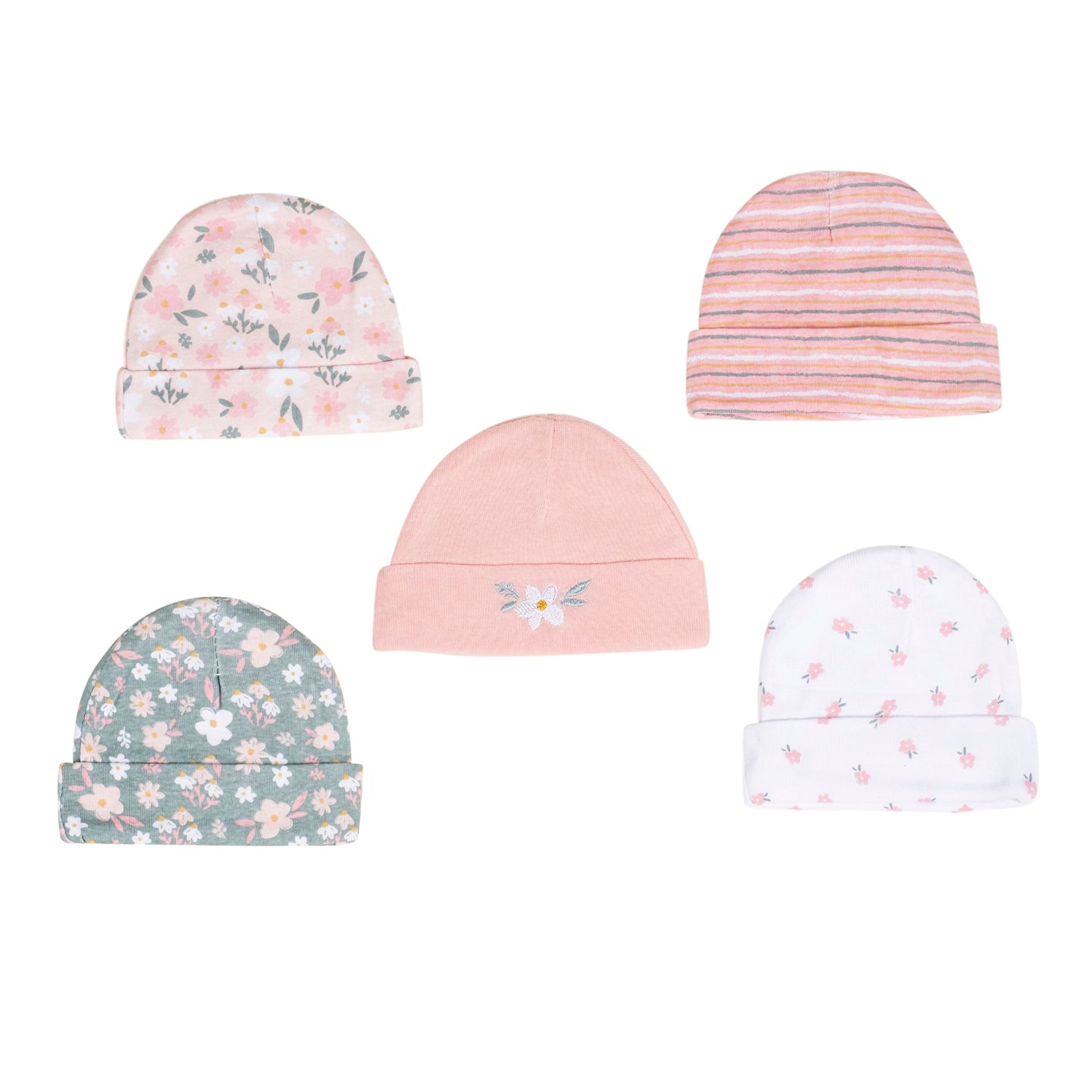 Baby Moo Floral Print Infants Ultra Soft 100% Cotton All Season Pack of 5 Caps - Pink