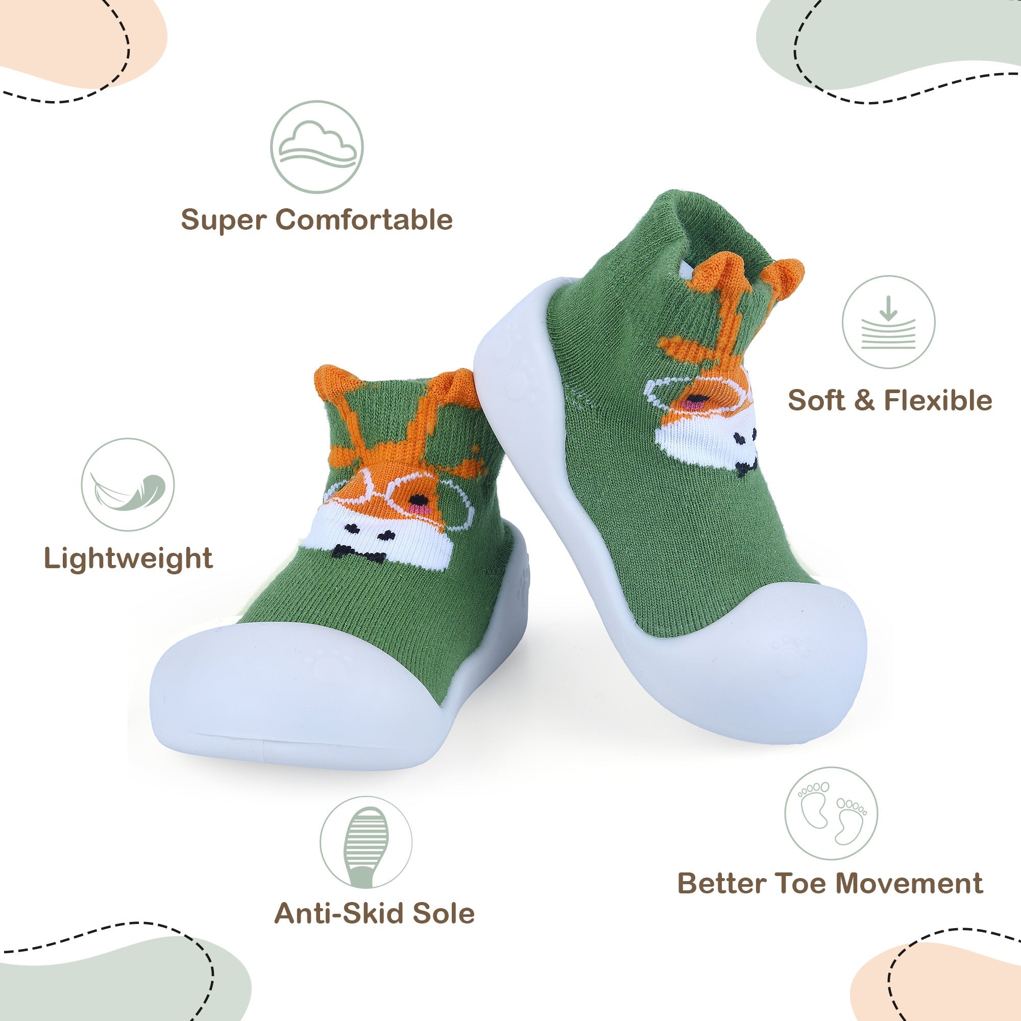 Baby Moo Cartoon Animal Rubber Comfortable Sole Slip-On Sock Shoes - Green - Baby Moo