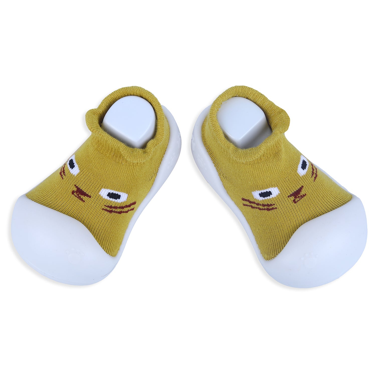 Baby Moo Curious Cat Face Rubber Comfortable Sole Slip-On Sock Shoes - Mustard - Baby Moo