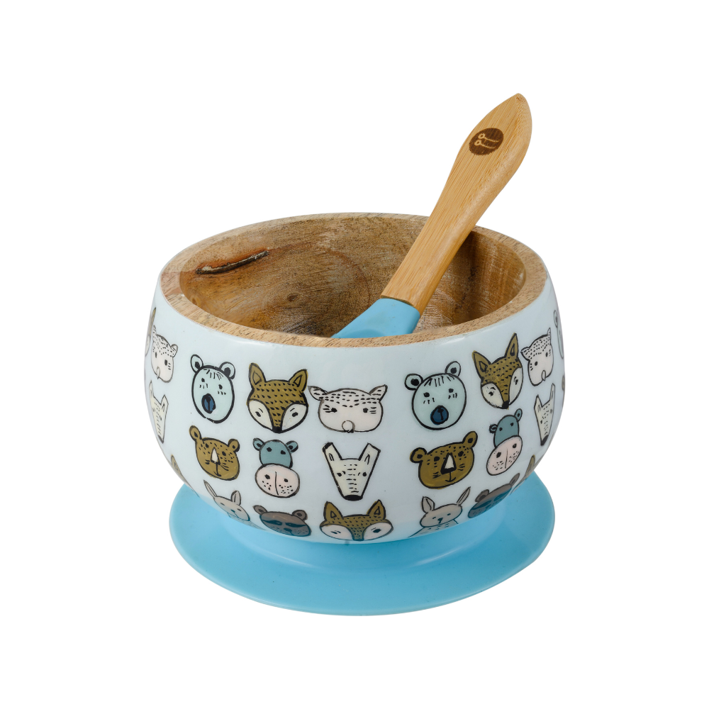 Jungle Safari Wooden Suction Bowl And Spoon Set - Blue
