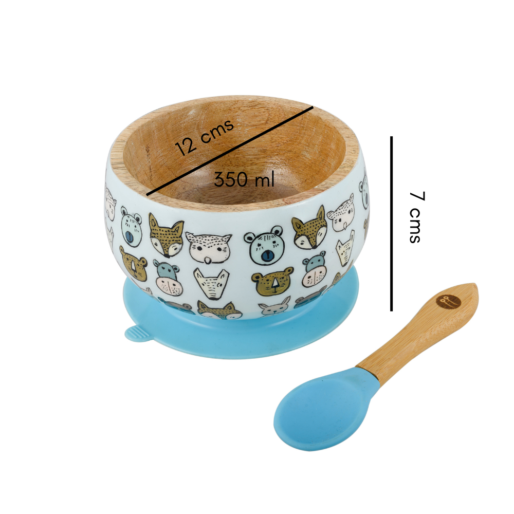 Jungle Safari Wooden Suction Bowl And Spoon Set - Blue