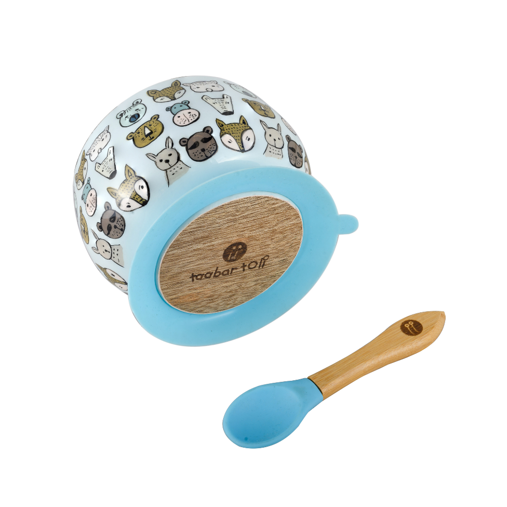 Jungle Safari Wooden Suction Bowl And Spoon Set - Blue