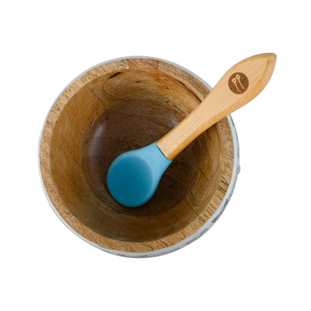 Jungle Safari Wooden Suction Bowl And Spoon Set - Blue