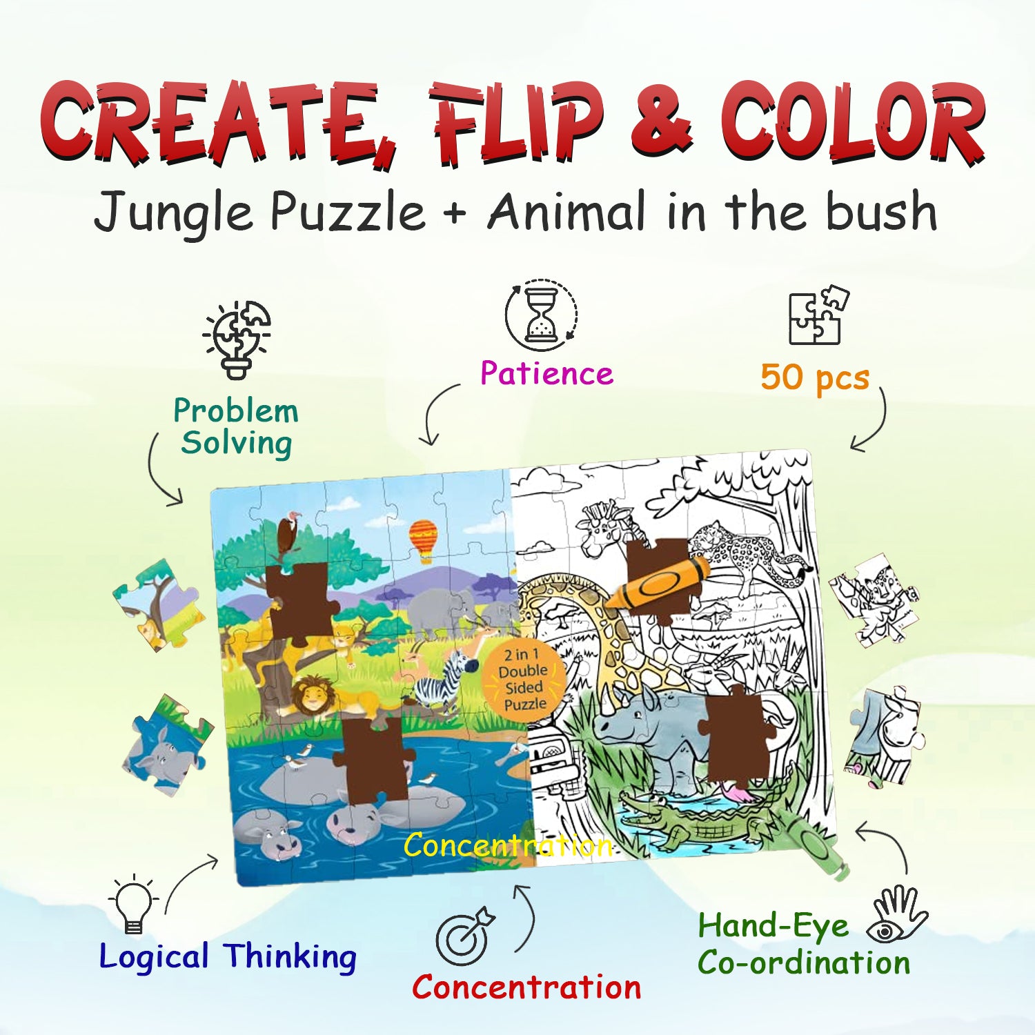 2 IN 1 - Jungle Safari - 50 Piece Puzzles