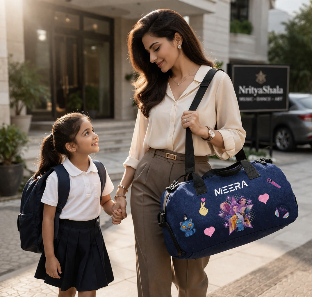 Woman holding a duffel bag with a child, both walking outdoors.