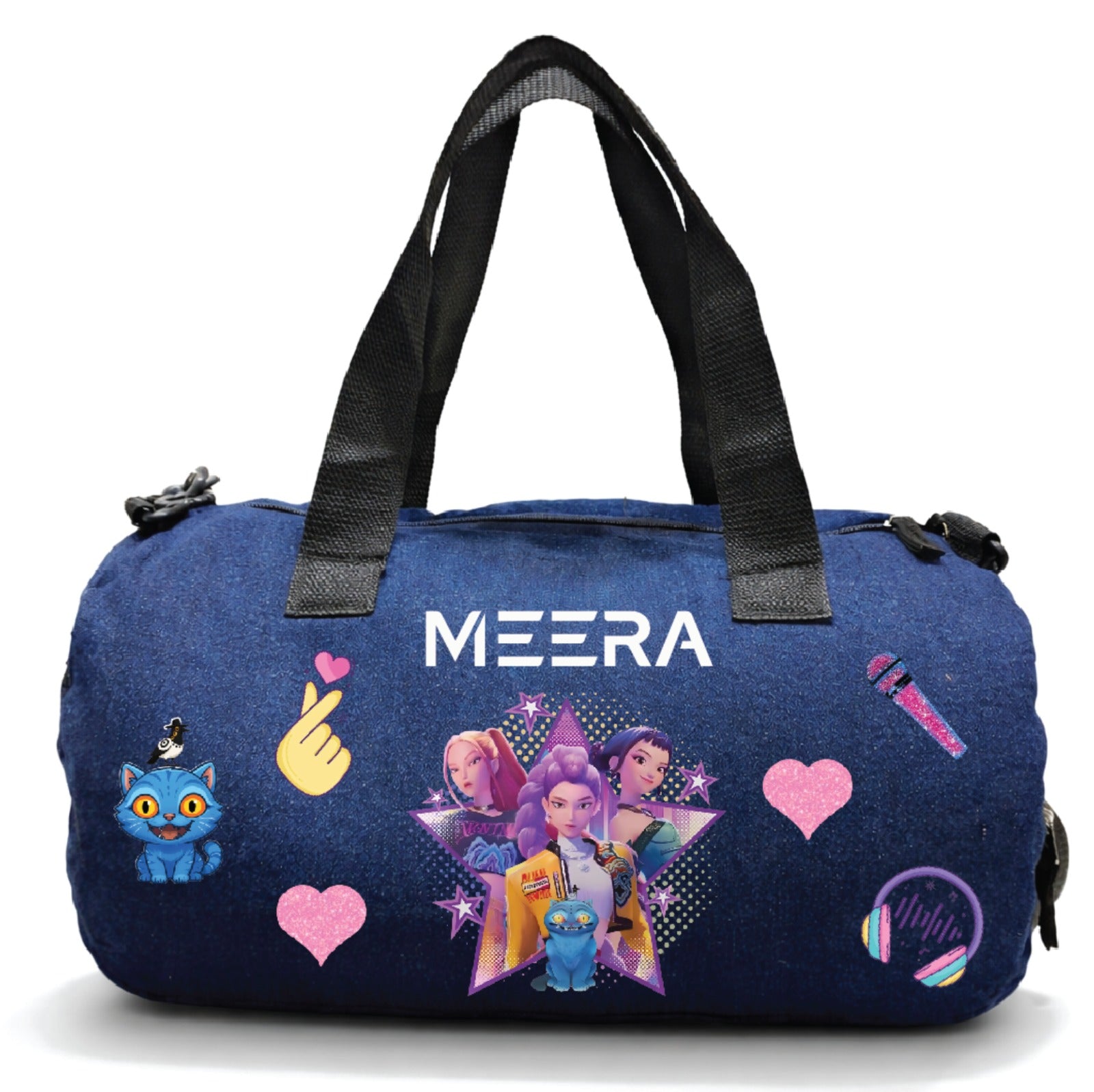 Personalized blue denim K-pop travel duffel bag with colorful graphics and MEERA name 