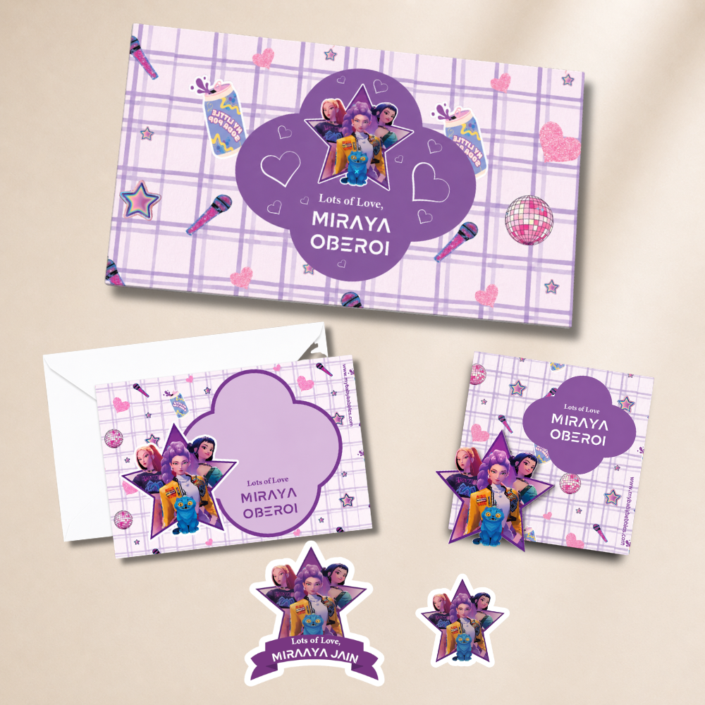 Personalized cards and stickers with cartoon characters on a beige background