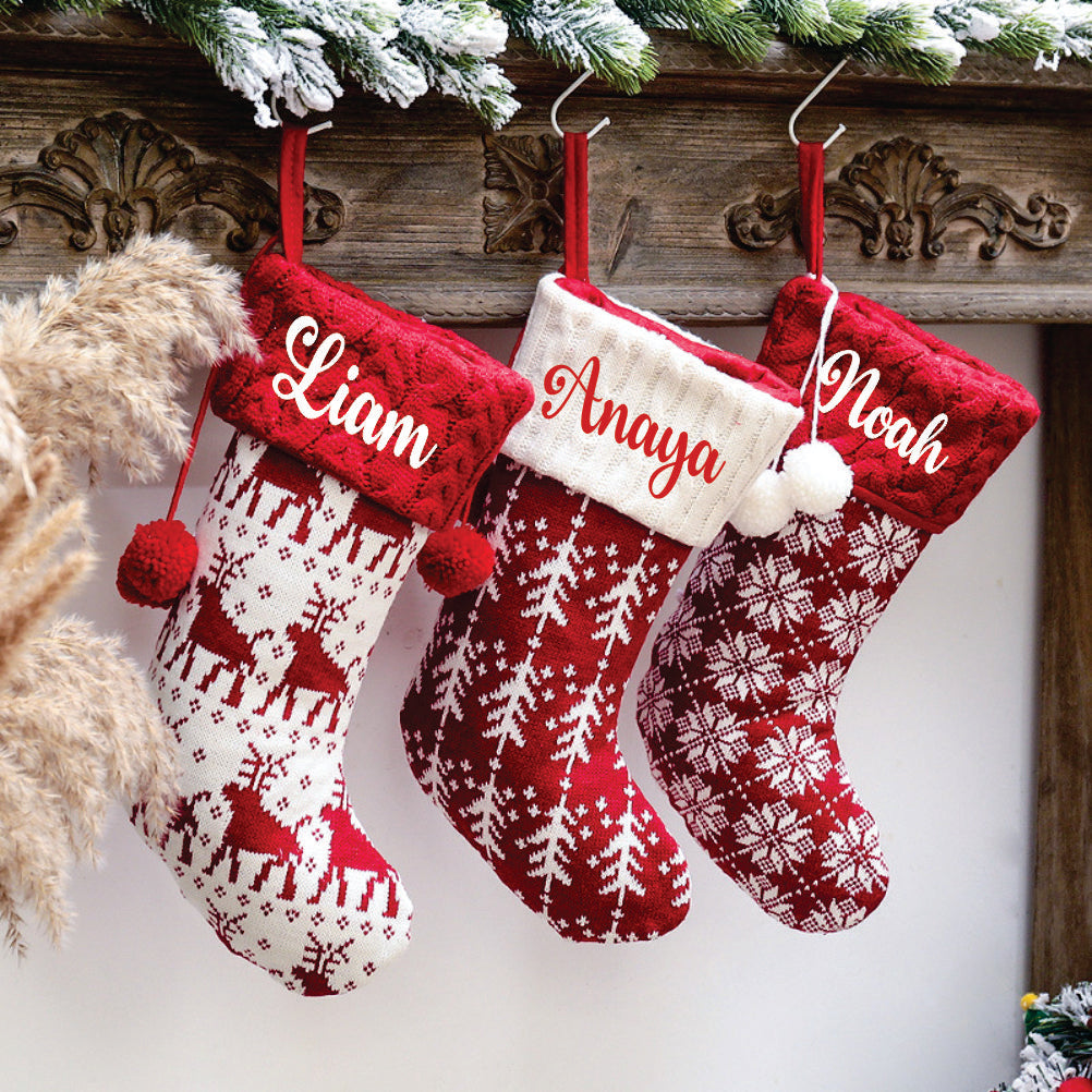 Holiday Chevron Cheer Stockings- Red & White Snowflakes