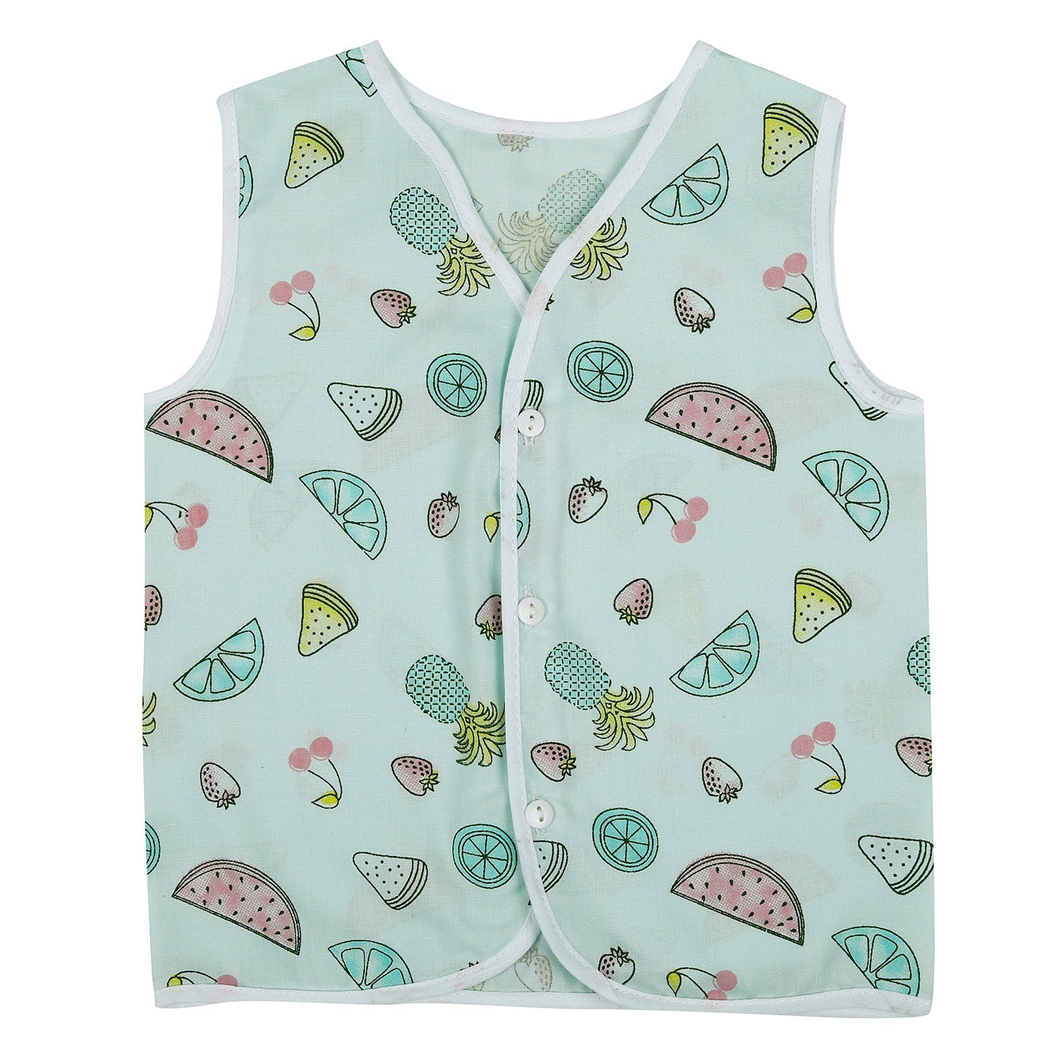 Baby Moo Car And Fruit Print V-Neck Sleeveless Front Opening Button Cotton Jhablas 5 Pcs - Yellow, Multicolour