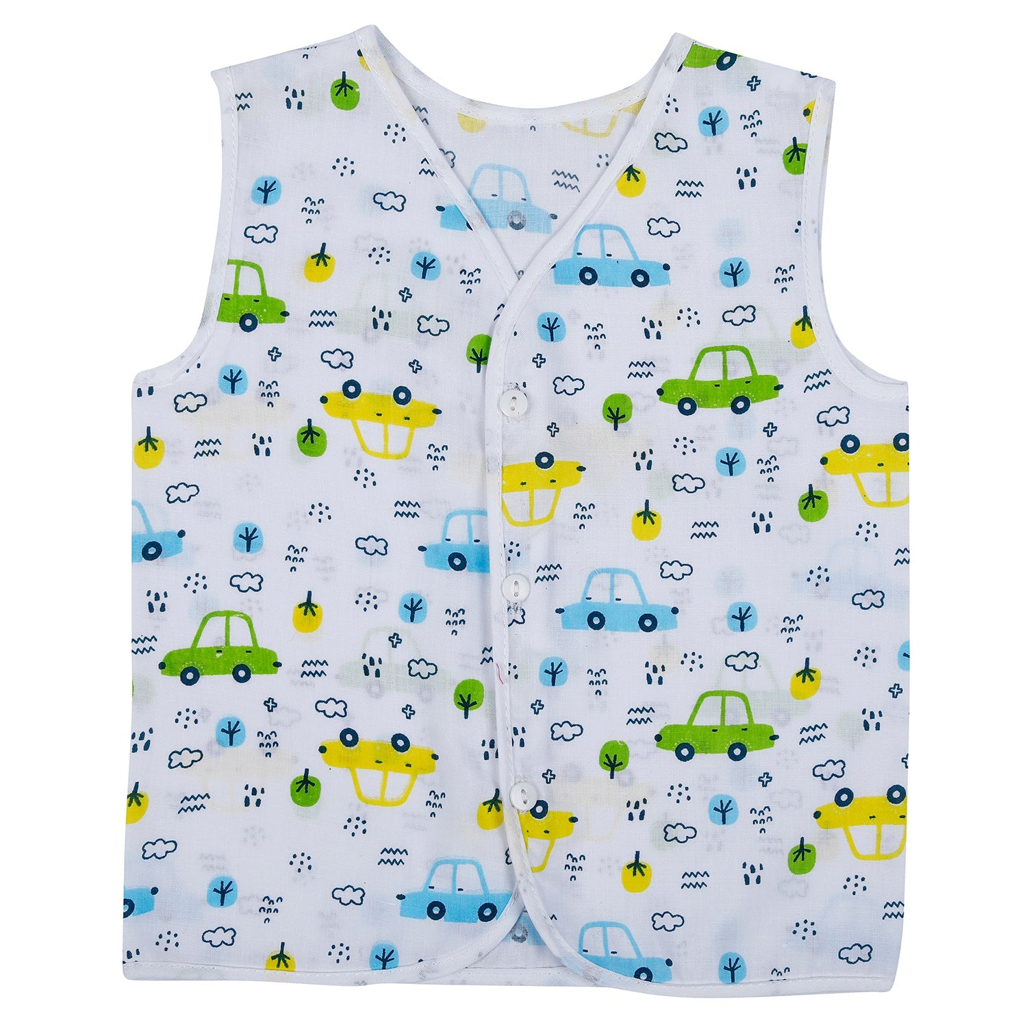 Baby Moo Car And Fruit Print V-Neck Sleeveless Front Opening Button Cotton Jhablas 5 Pcs - Yellow, Multicolour