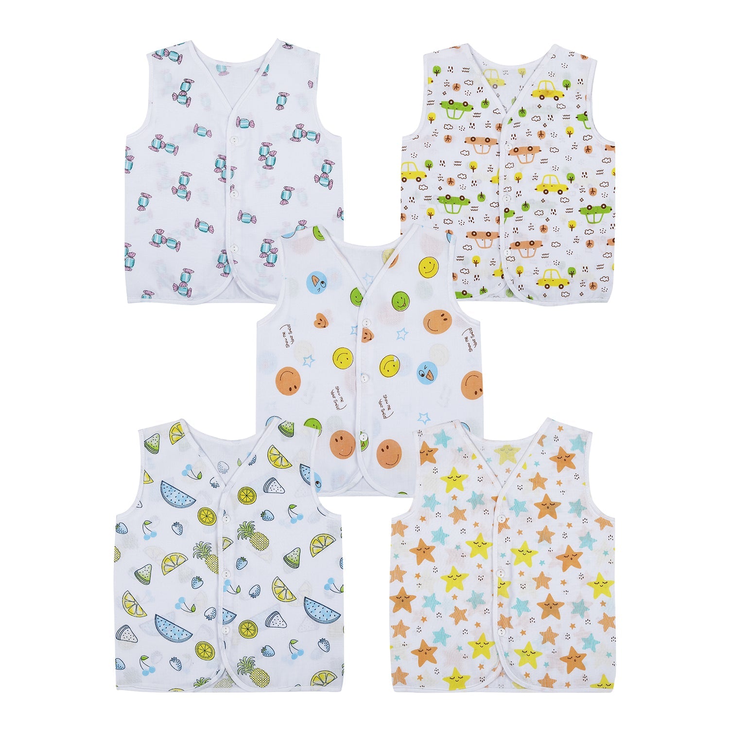 Baby Moo Fruity Fun Prints V-Neck Sleeveless Front Opening Button Cotton Jhablas 5 Pcs - Green, Multicolour