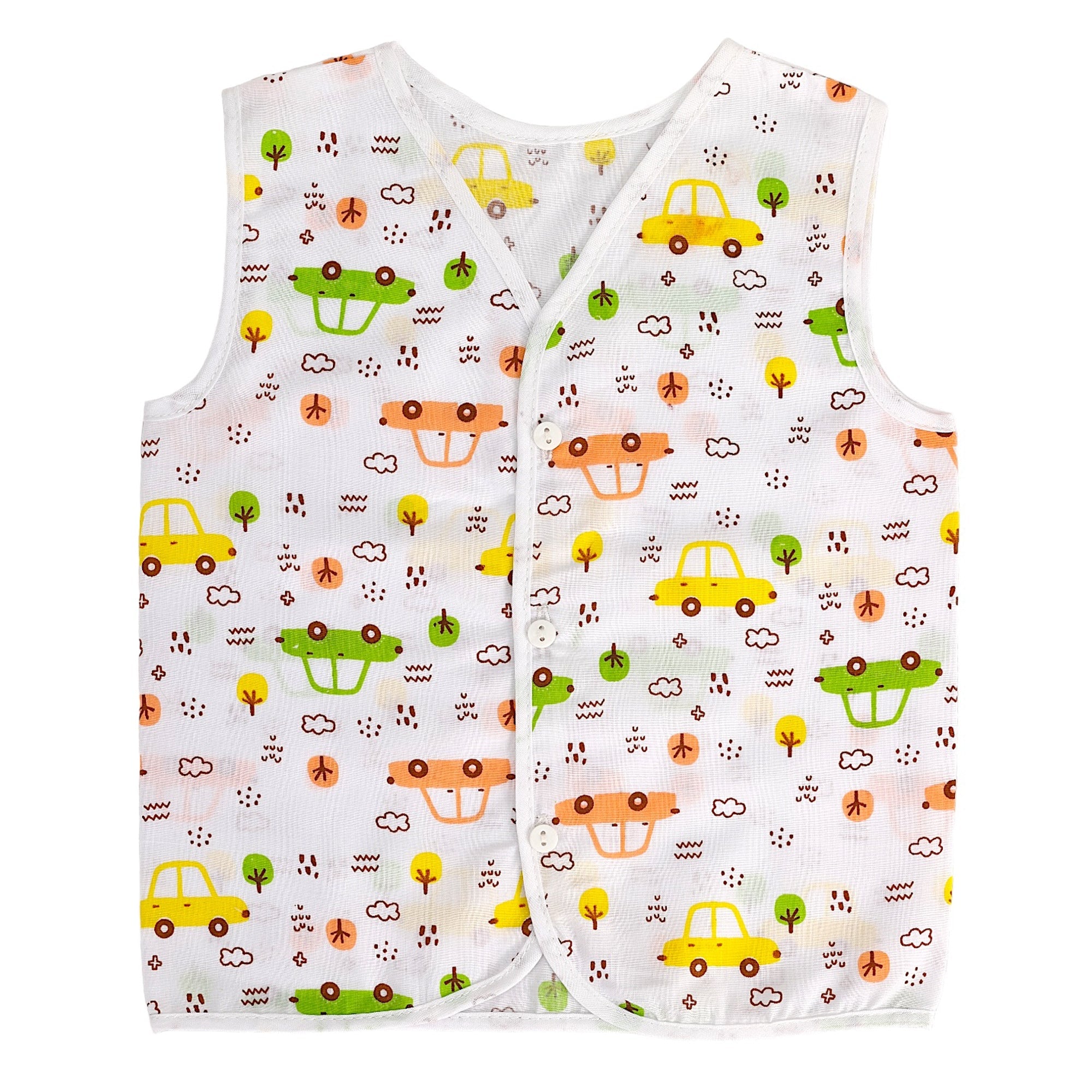 Baby Moo Smiling Stars Printed V-Neck Sleeveless Front Opening Button Cotton Jhablas 5 Pcs - Yellow, Multicolour