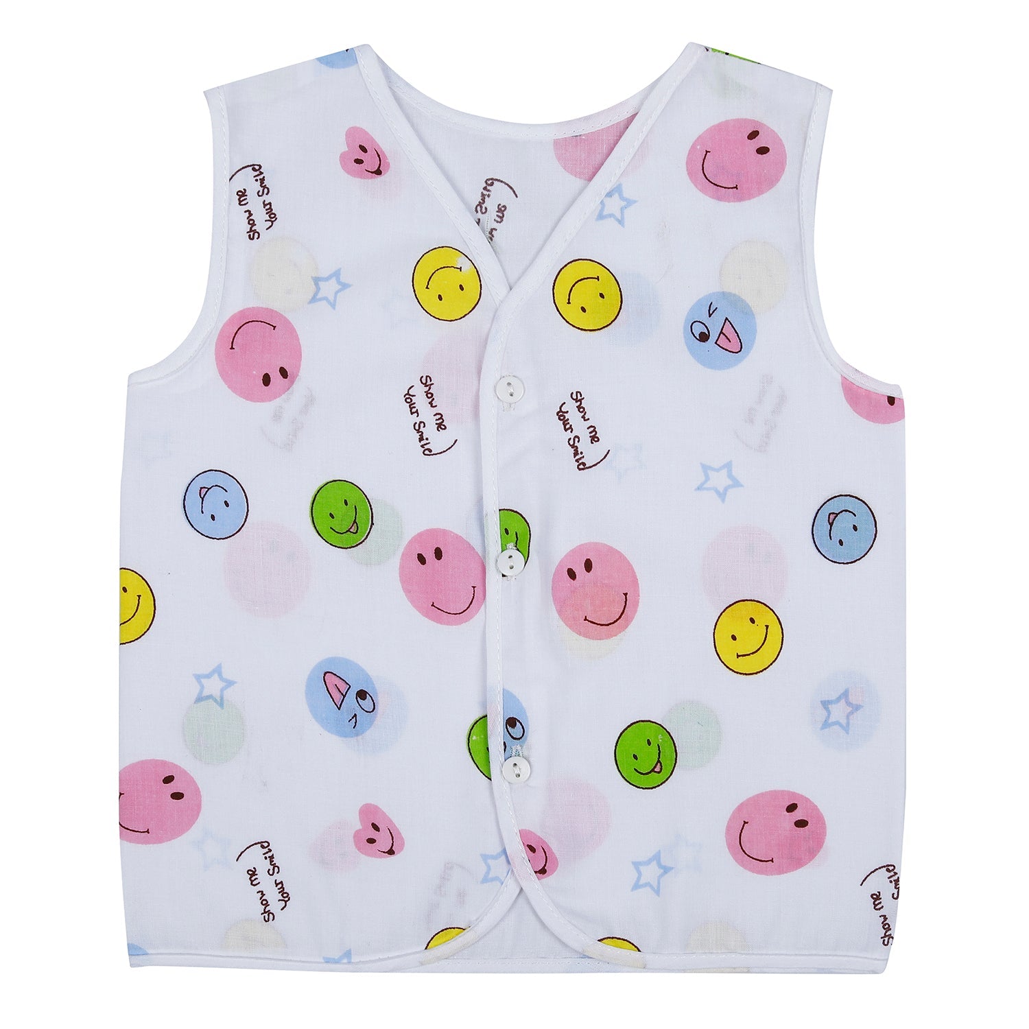 Baby Moo Smiling Stars Printed V-Neck Sleeveless Front Opening Button Cotton Jhablas 5 Pcs - Yellow, Multicolour