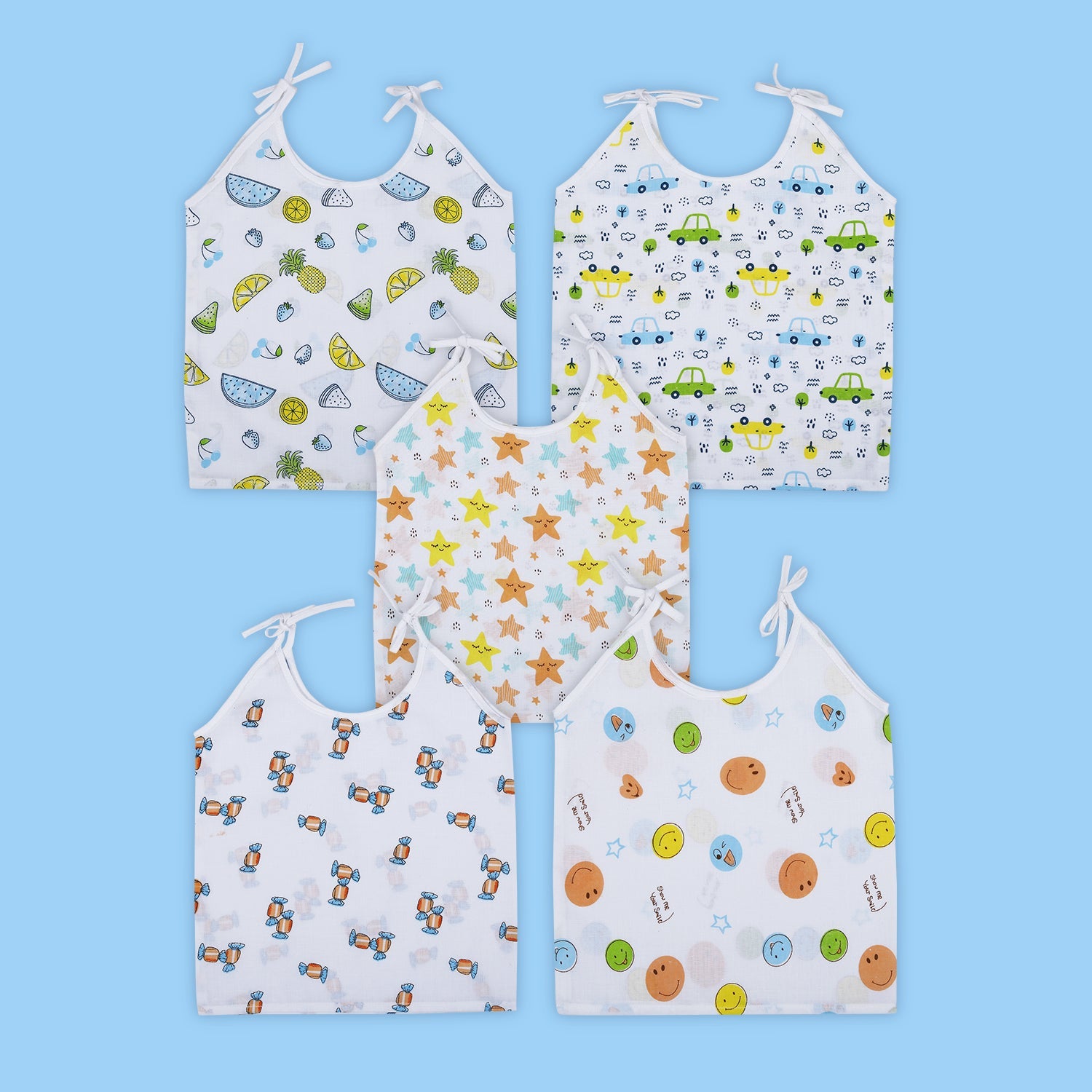 Baby Moo Cars And Stars Round Neck Sleeveless Tie Knot Cotton Jhablas 5 Pcs - Green, Multicolour