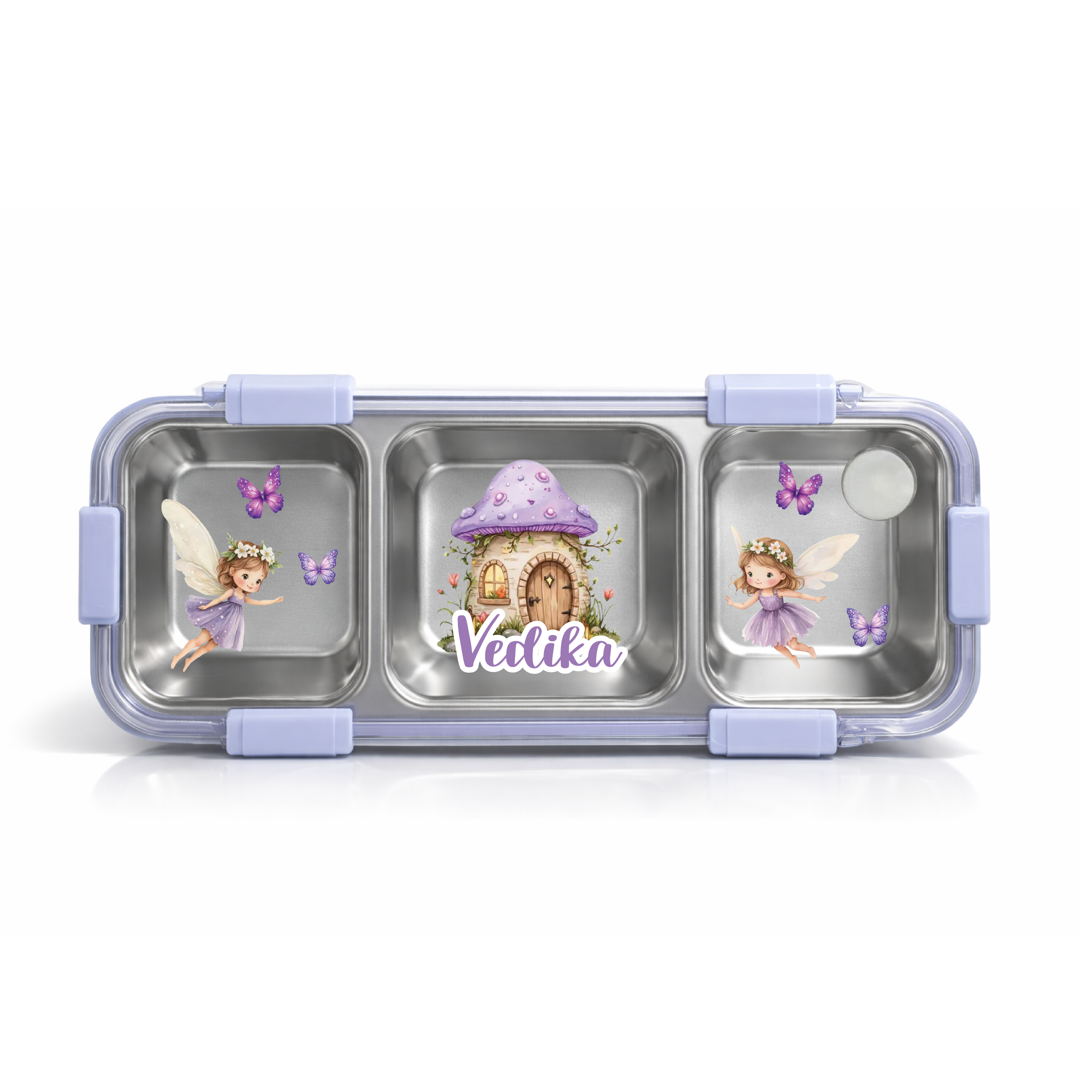 Children's lunch box with fairy design and 'Veitika' branding on a white background