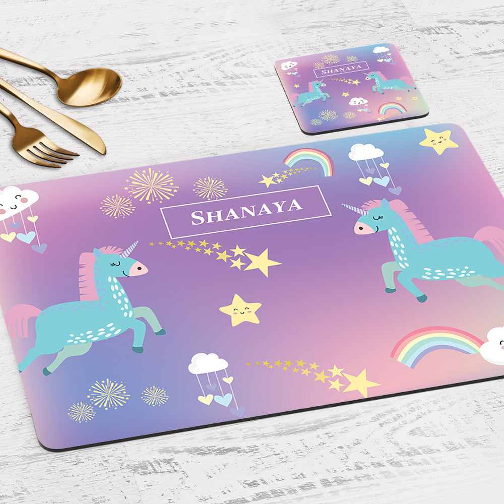 Unicorns & Rainbow Tableware Set (kids) (4 Placemats & 4 Casters)