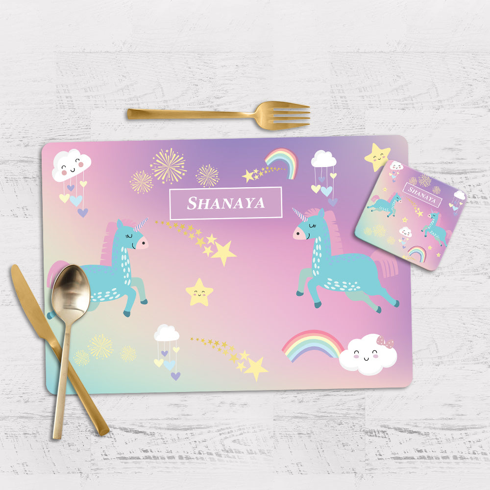 Unicorns & Rainbow Tableware Set (kids) (4 Placemats & 4 Casters)