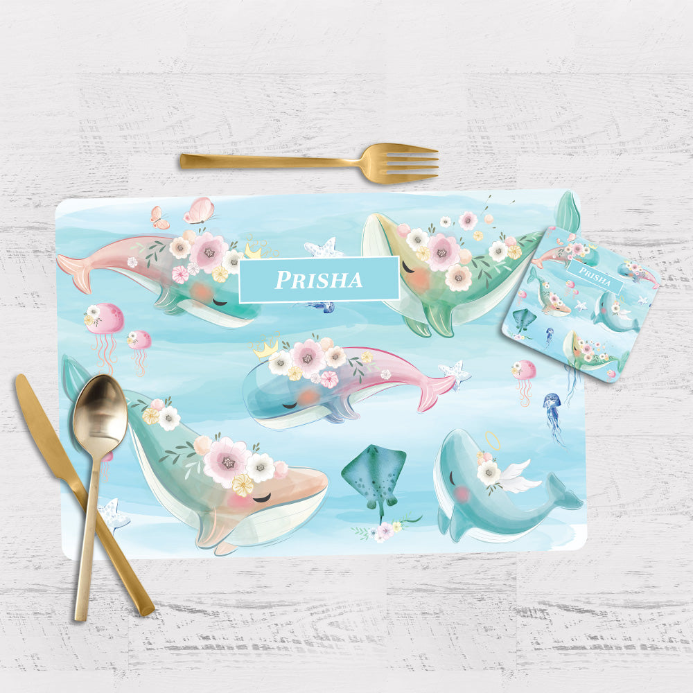 Floral Whales Tableware Set (kids) (4 Placemats & 4 Casters)