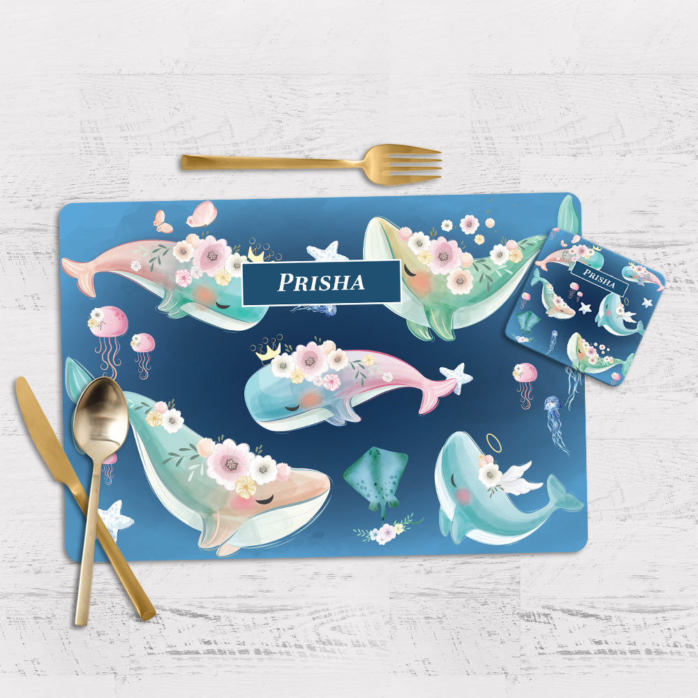 Floral Whales Tableware Set (kids) (4 Placemats & 4 Casters)