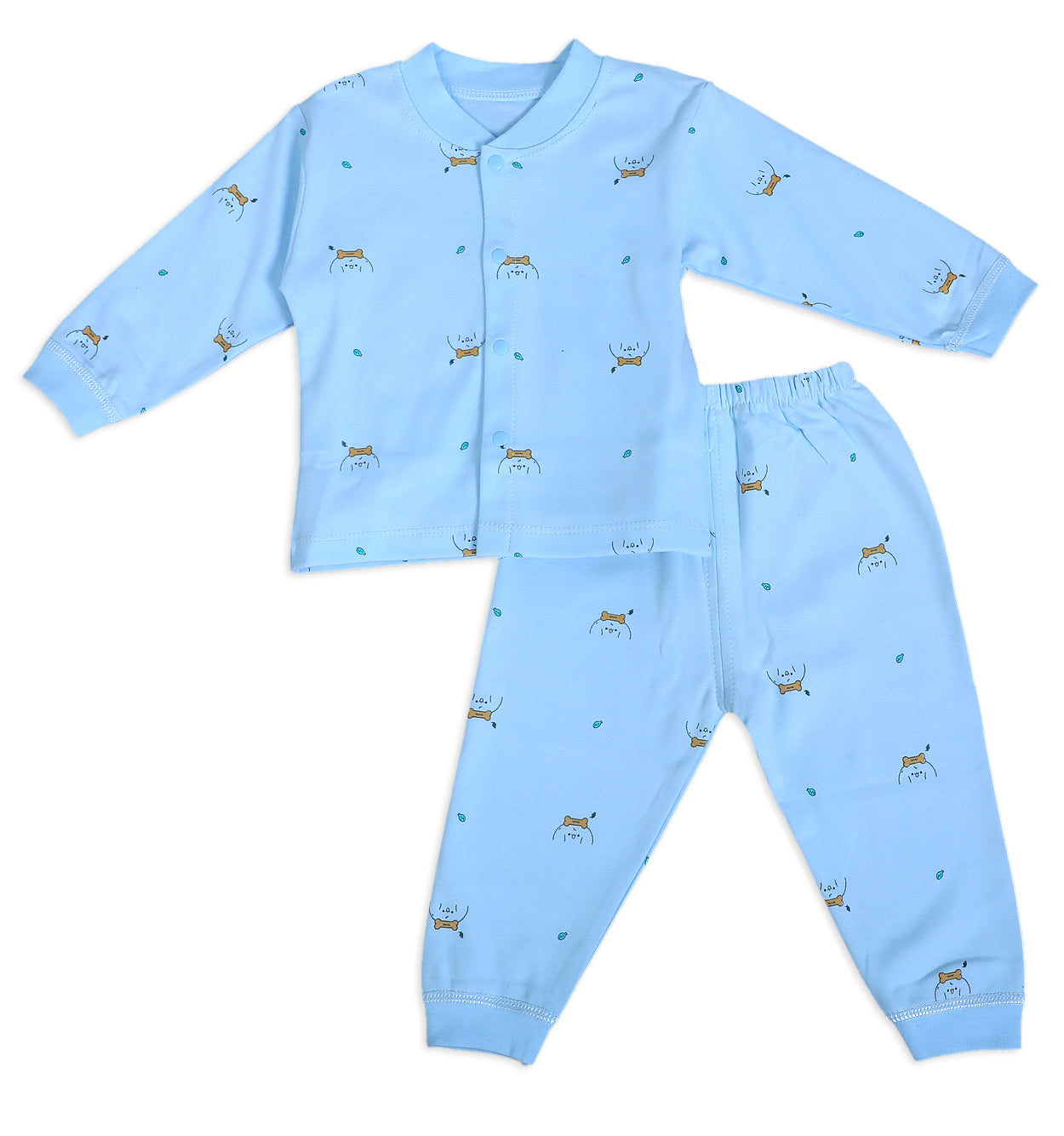 Puppy Face Full Sleeves 2 Piece Buttoned Pyjama Set Night Suit - Blue - Baby Moo