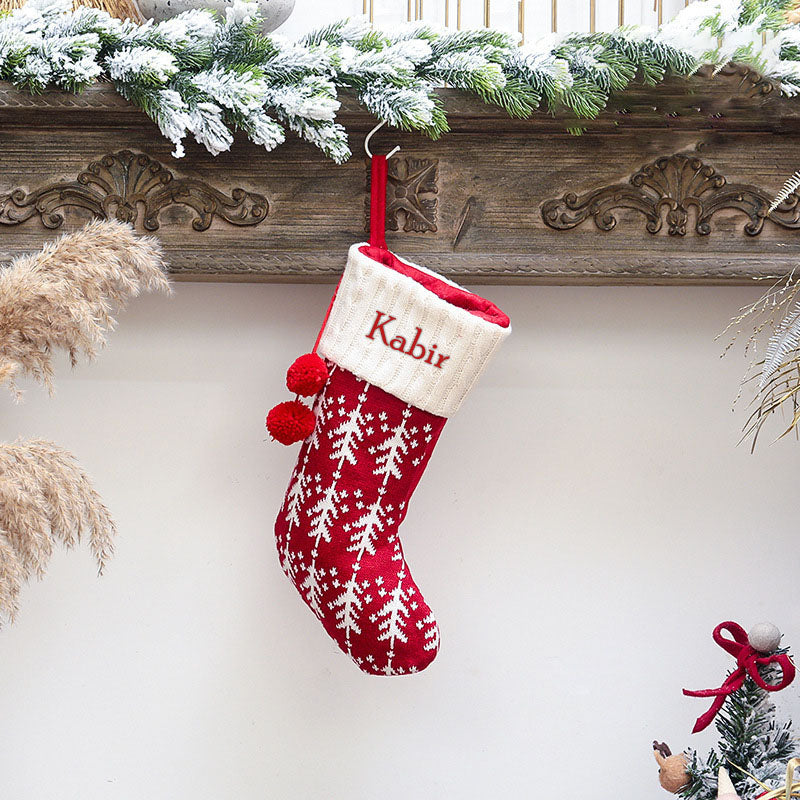 Holiday Chevron Cheer Stockings- Red & White Christmas Tree