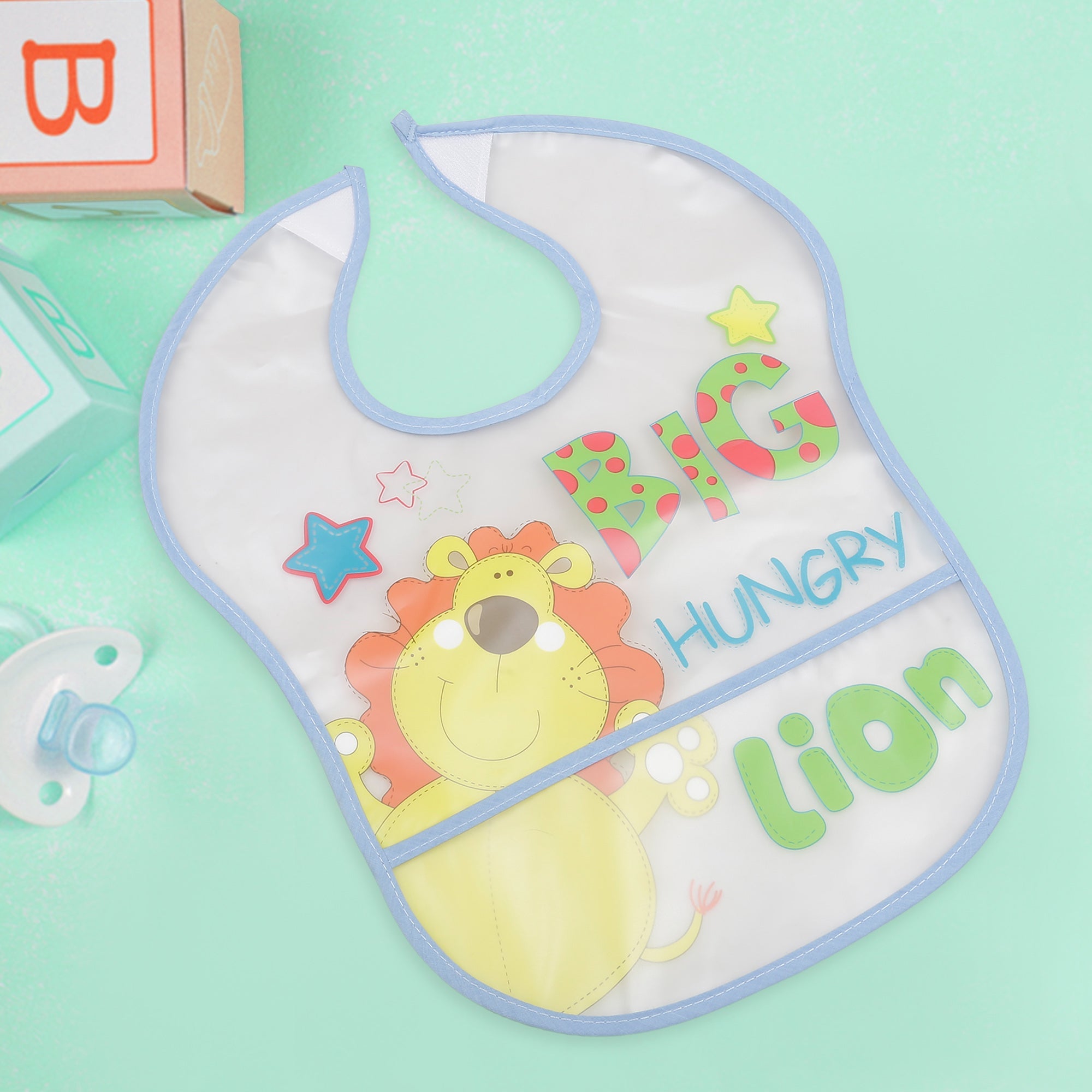 Crumb Catcher Waterproof Feeding Bib Hungry Lion Blue - Baby Moo