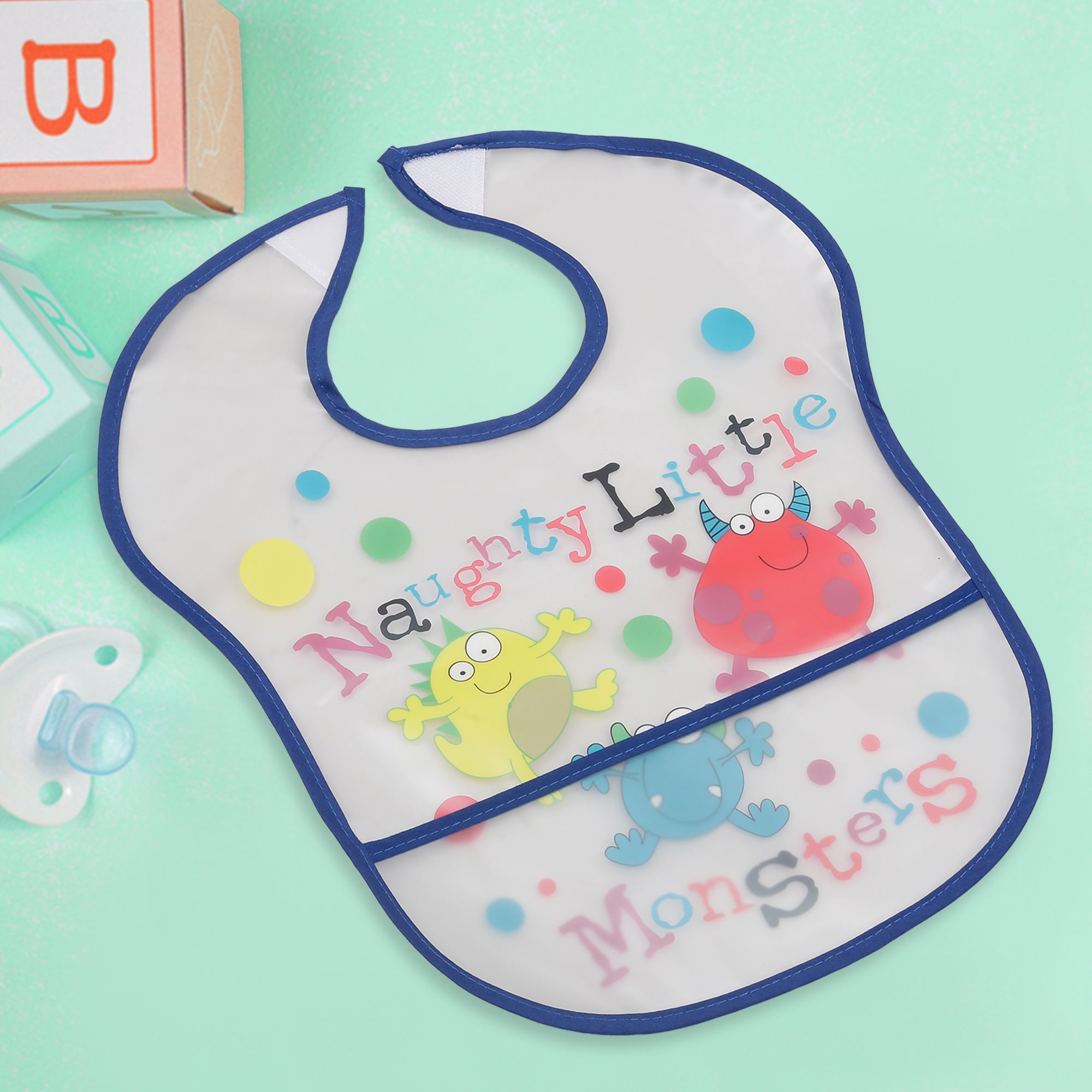 Crumb Catcher Waterproof Feeding Bib Messy Monsters Blue - Baby Moo