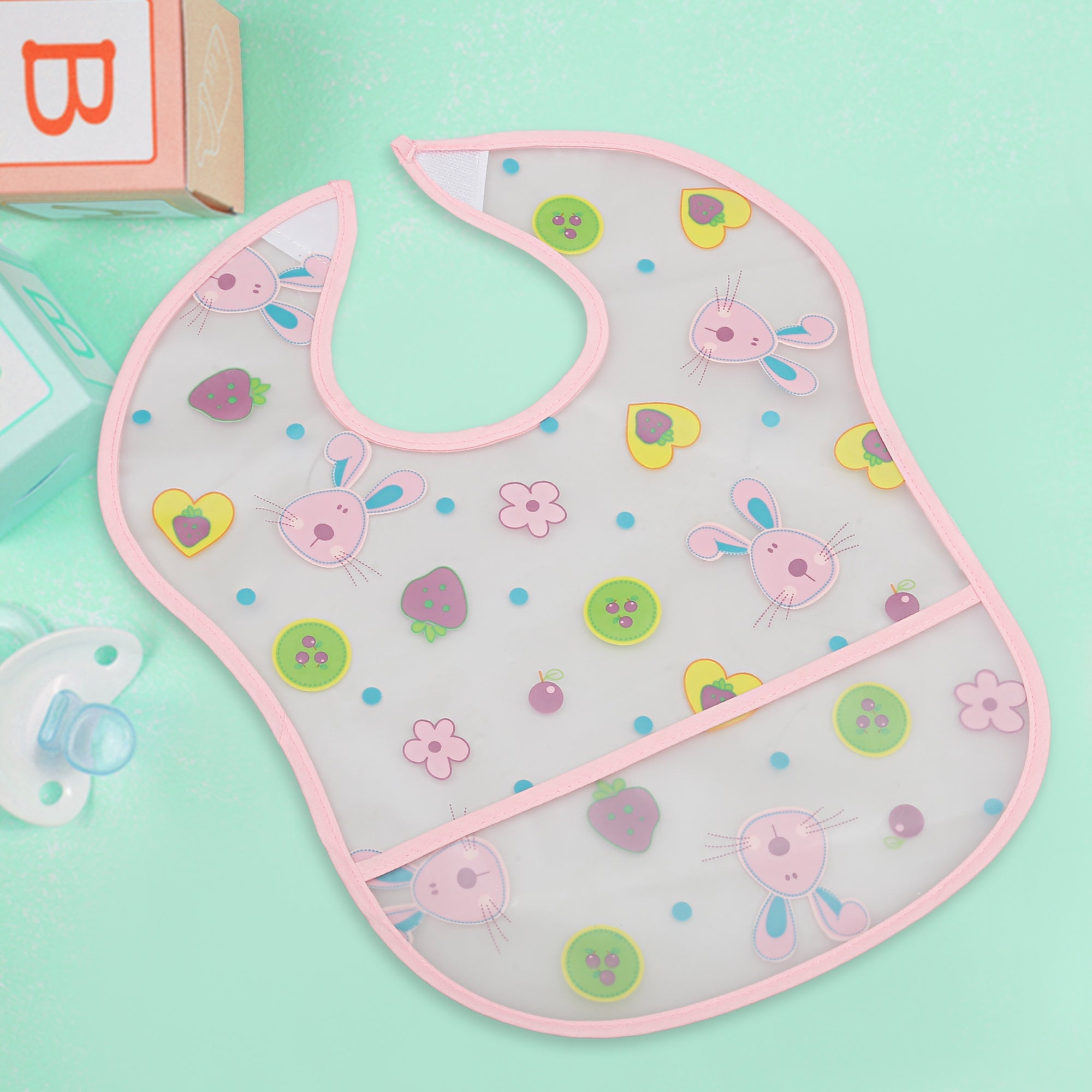 Crumb Catcher Waterproof Feeding Bib Strawberry Rabbit Pink - Baby Moo