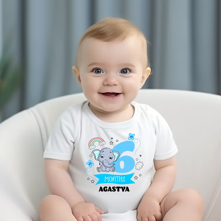 Monthly Birthday -  White Print (Blue Elephant) T shirt