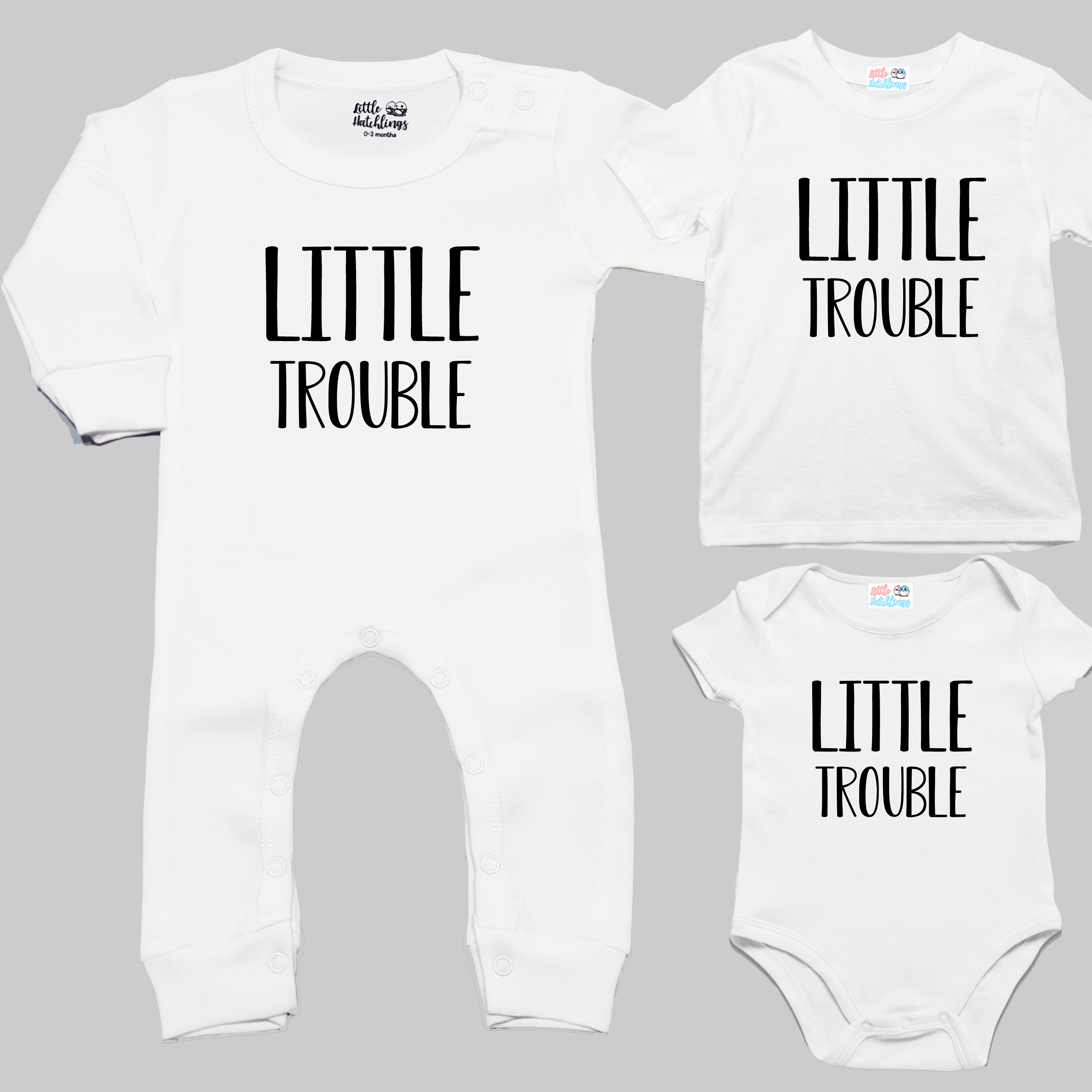 Big + Little Trouble White and Black Combo - Adult Tshirt + Full Romper