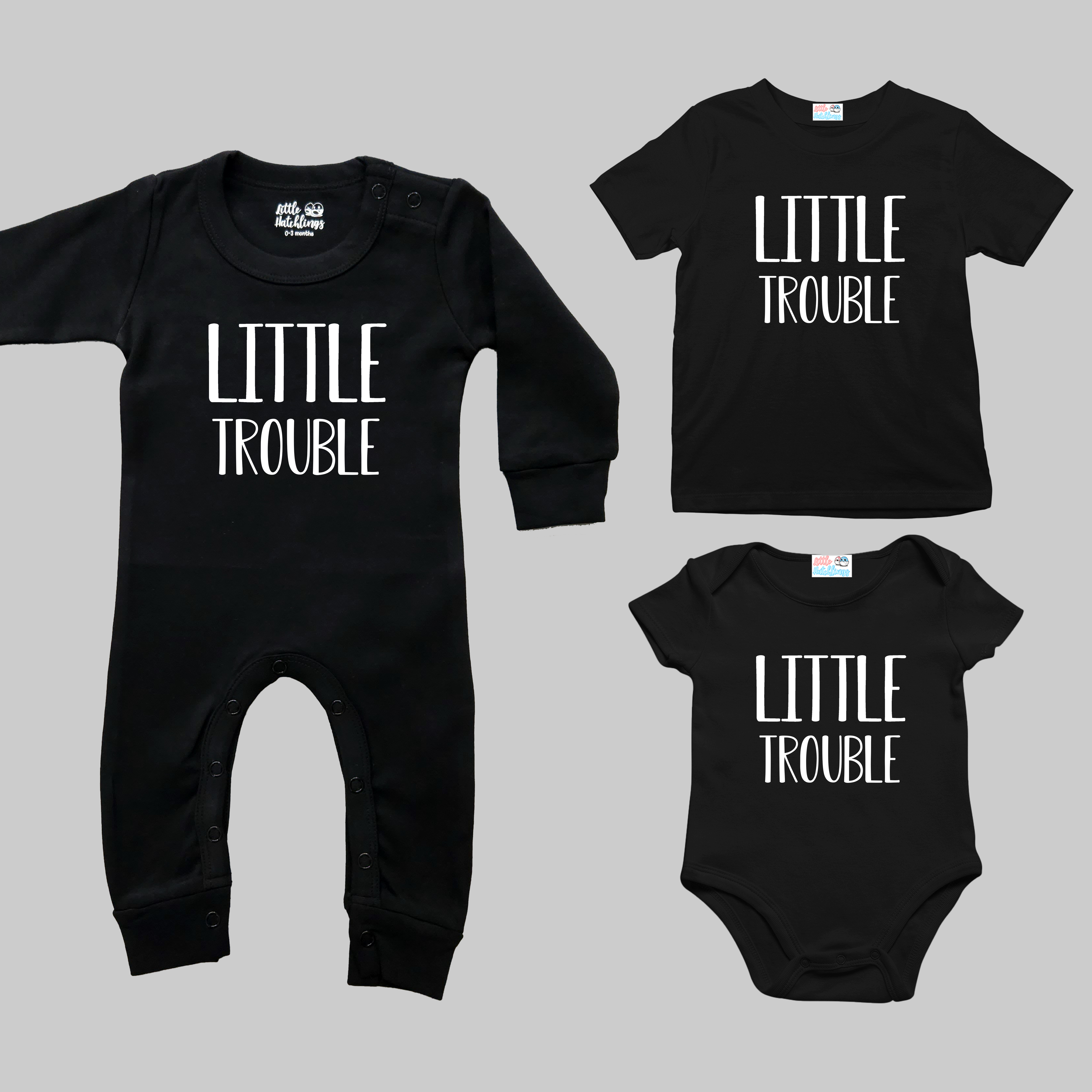 Big + Little Trouble Black and Grey Combo - Onesie + Adult T-shirt