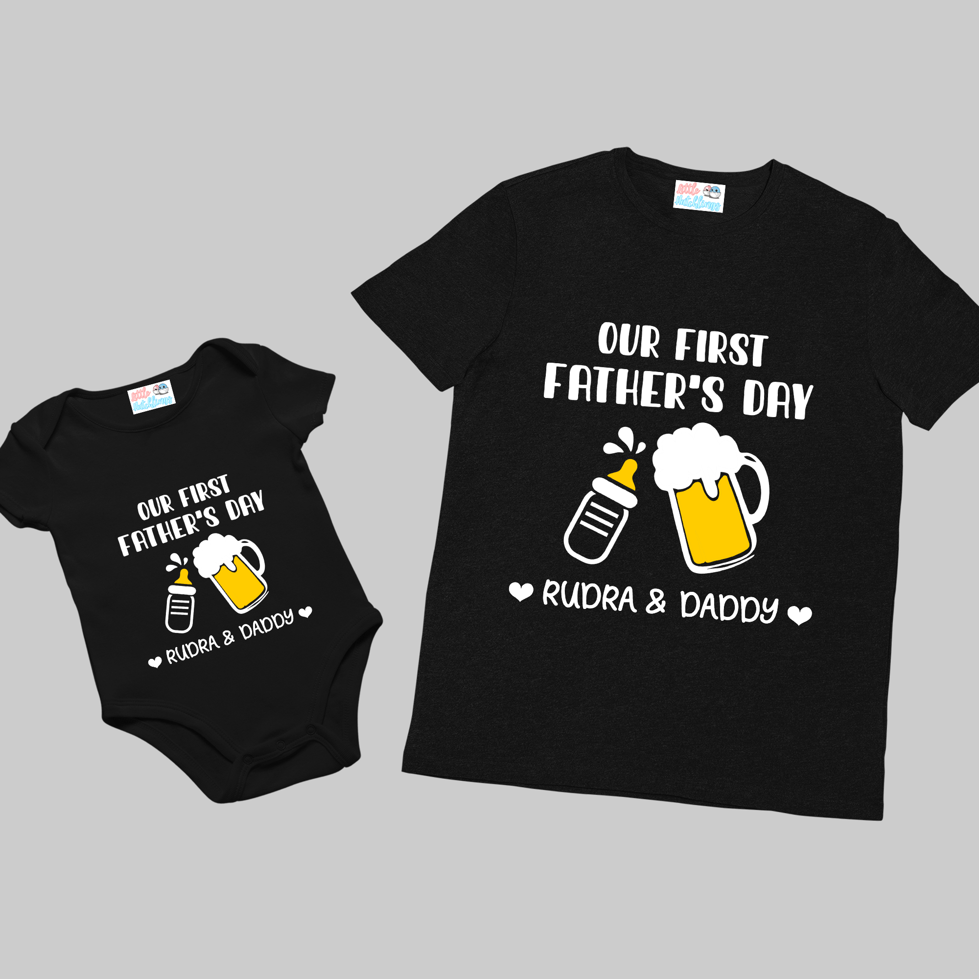 First Fathers Day Bottle Beer Mug Black Combo - Adult Tshirt + Kids Tshirt