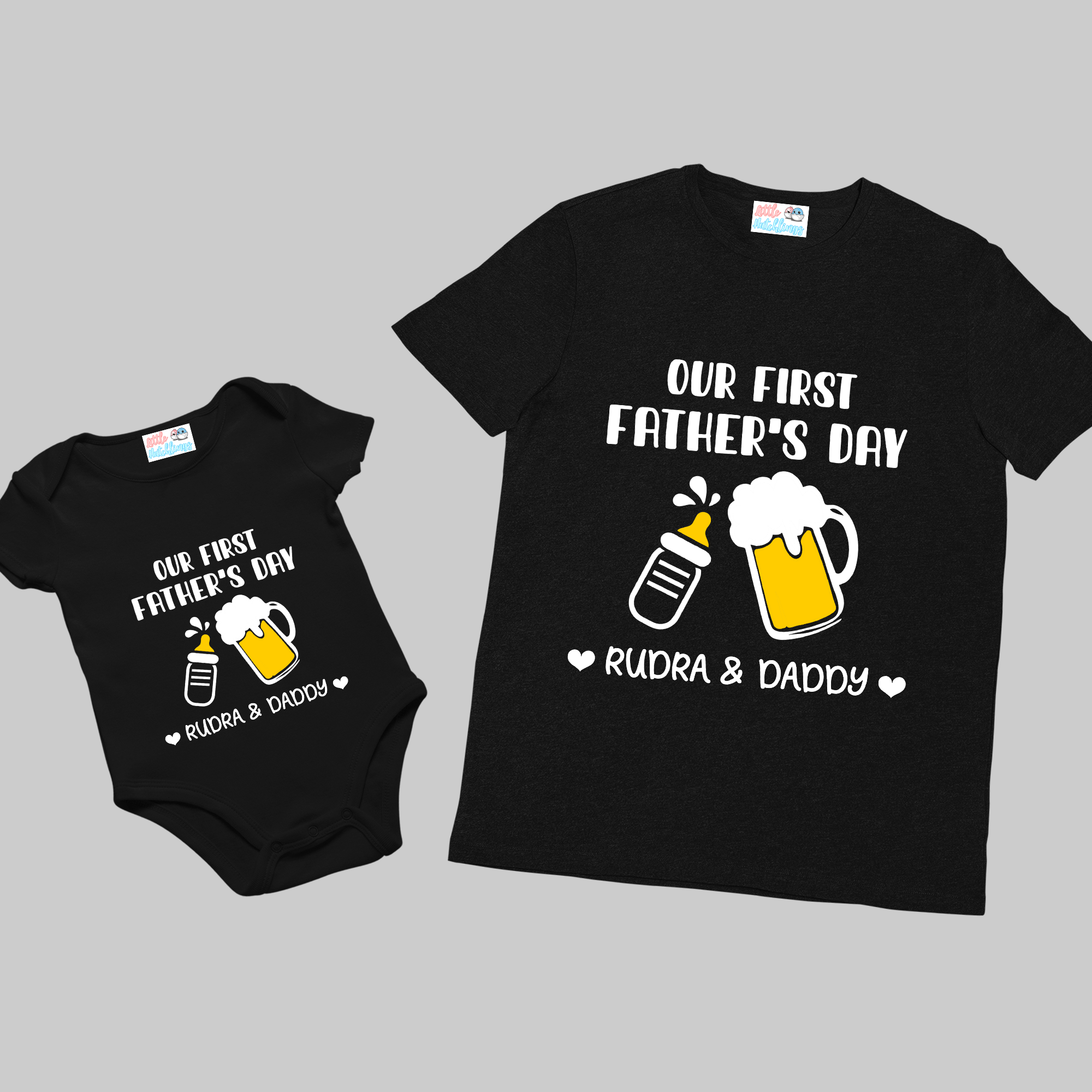 First Fathers Day Bottle Beer Mug Black Combo - Onesie + Adult T-shirt