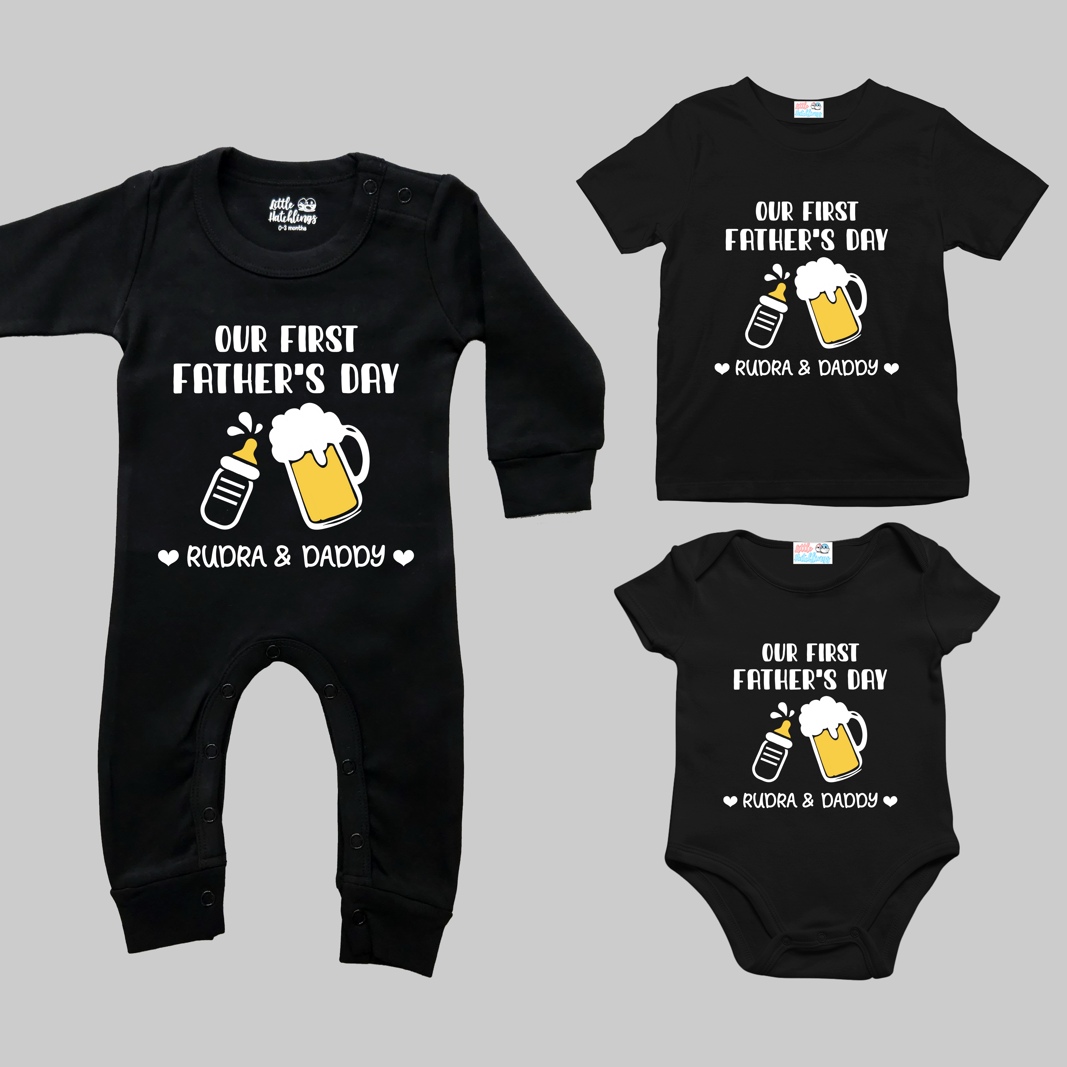 First Fathers Day Bottle Beer Mug Black Combo - Adult Tshirt + Kids Tshirt