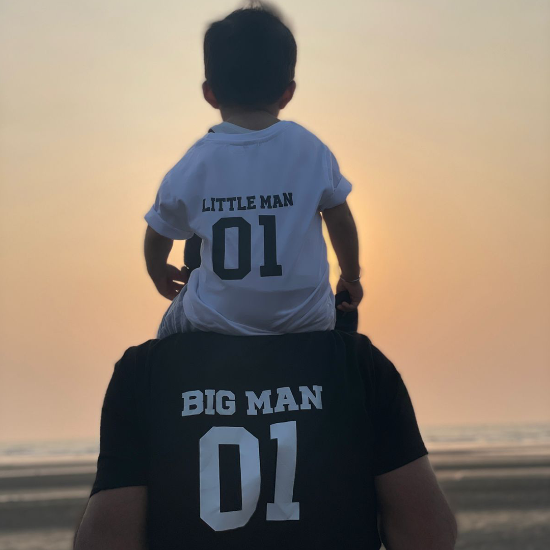 Little Man Big Man White & Black Number Combo - Adult Tshirt + Kids Tshirt