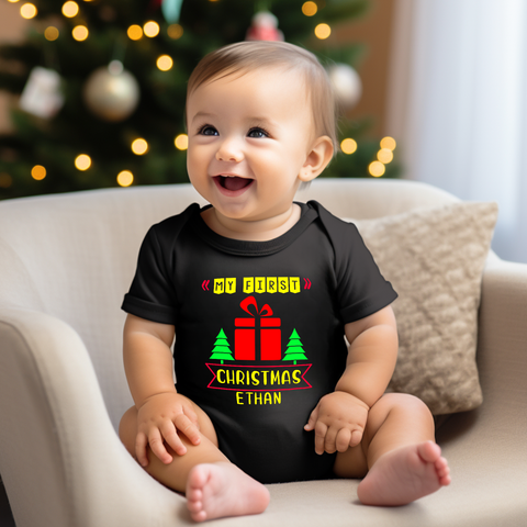 files/LH_FirstChristmas_BannerTreesGift_BlackOnesie.png