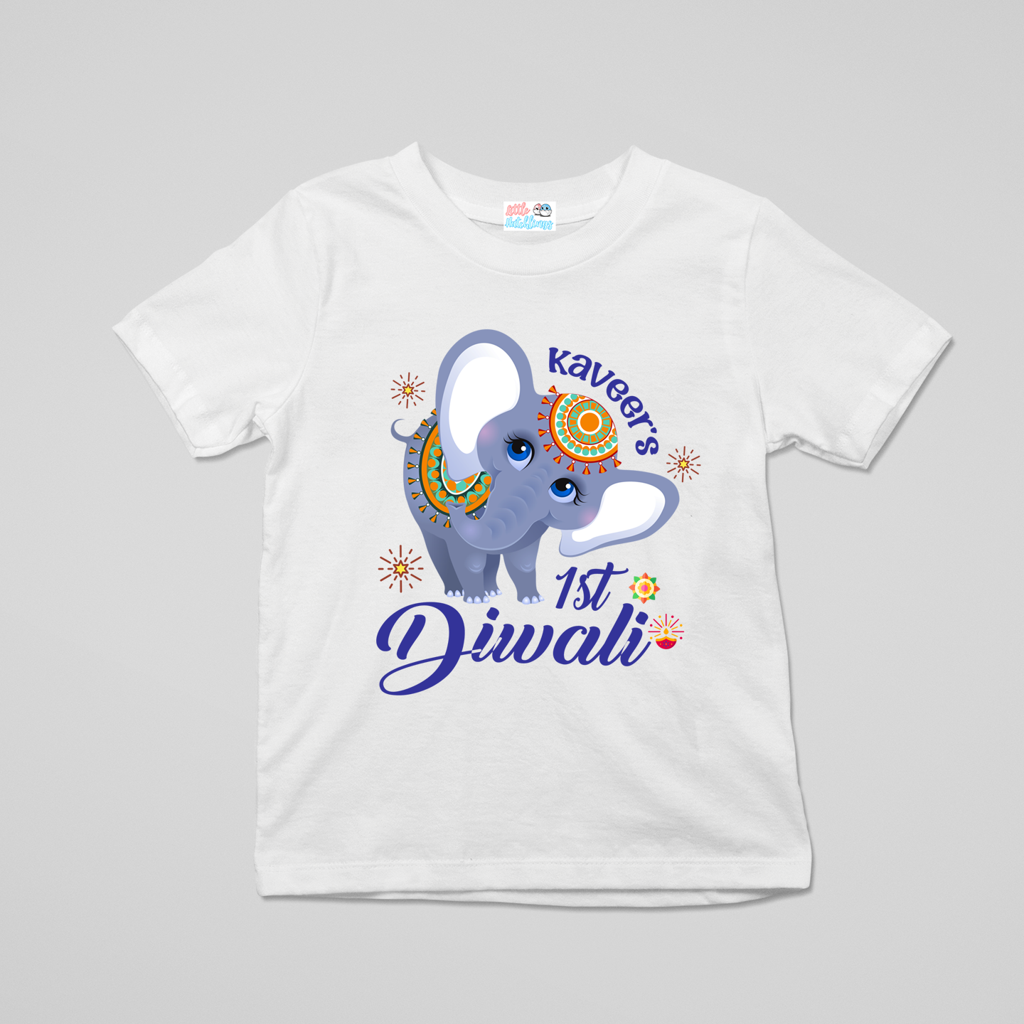 First Diwali With Name White Onesie /Full Romper/ Tshirt (Elephant Blue)