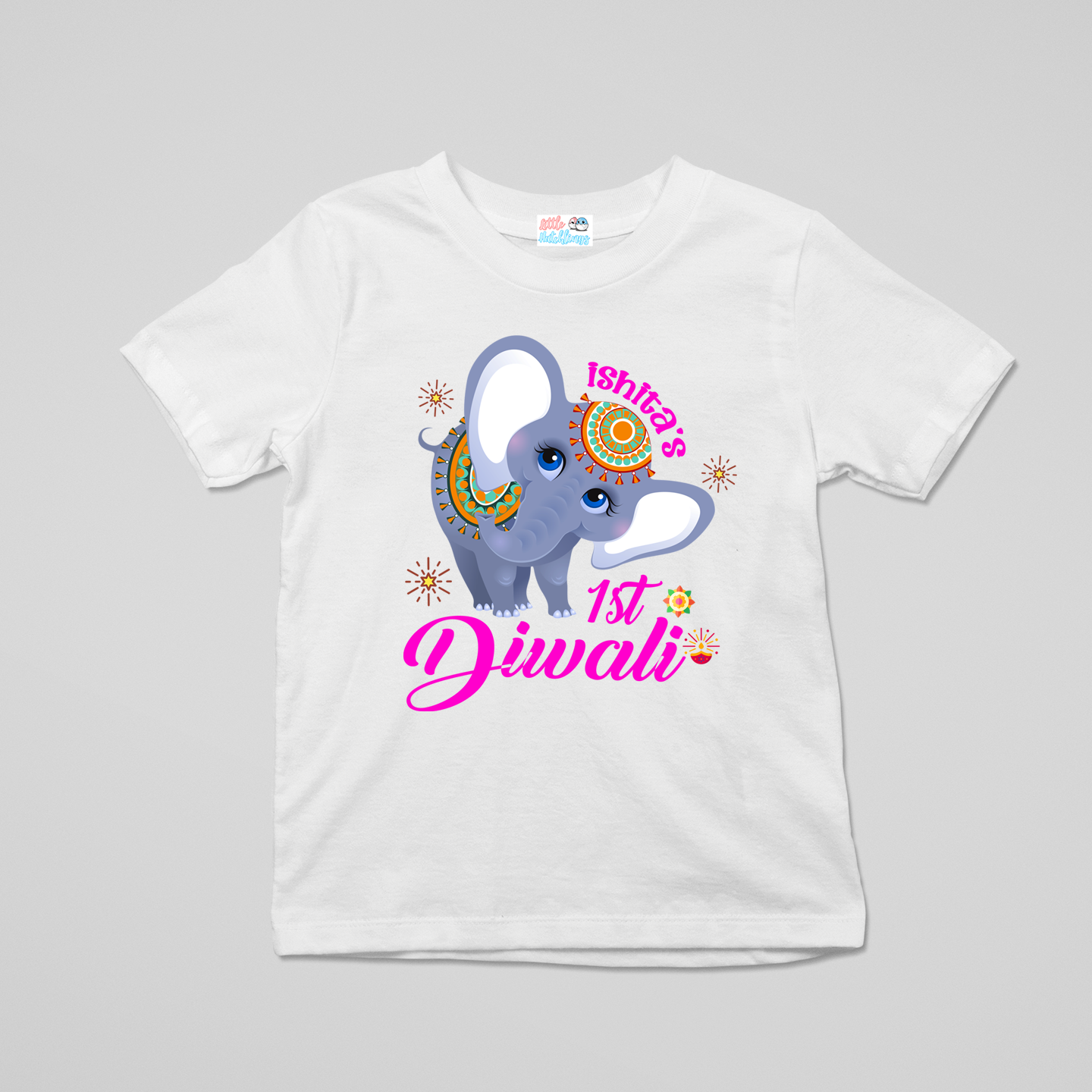 First Diwali With Name White Onesie /Full Romper/ Tshirt (Elephant Pink)