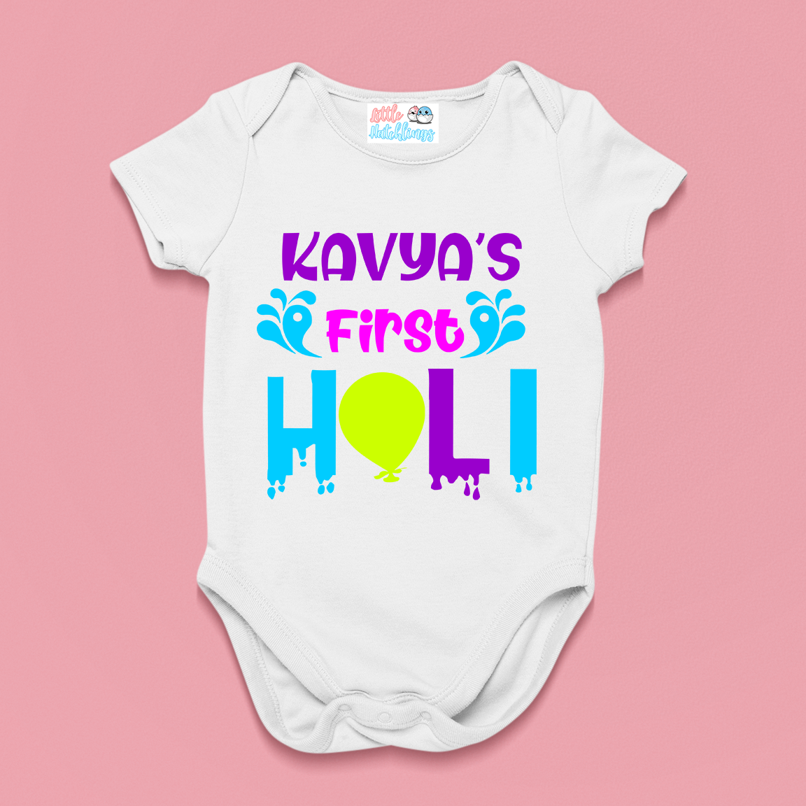 My First Holi Personalised White Onesie / Romper / Tshirt (Mirror Droplets)