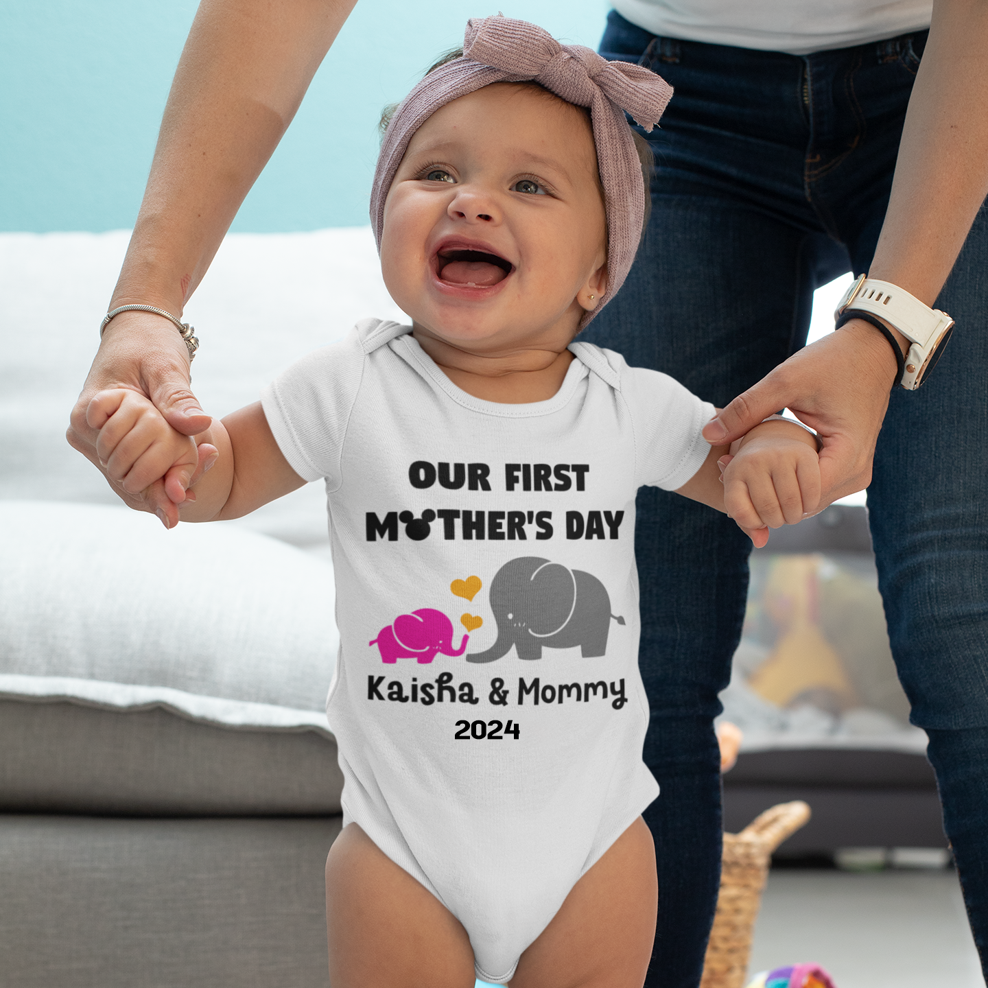 First Mother's Day Personalised - White - Onesie / Romper / Tshirt (Pink Elephant)