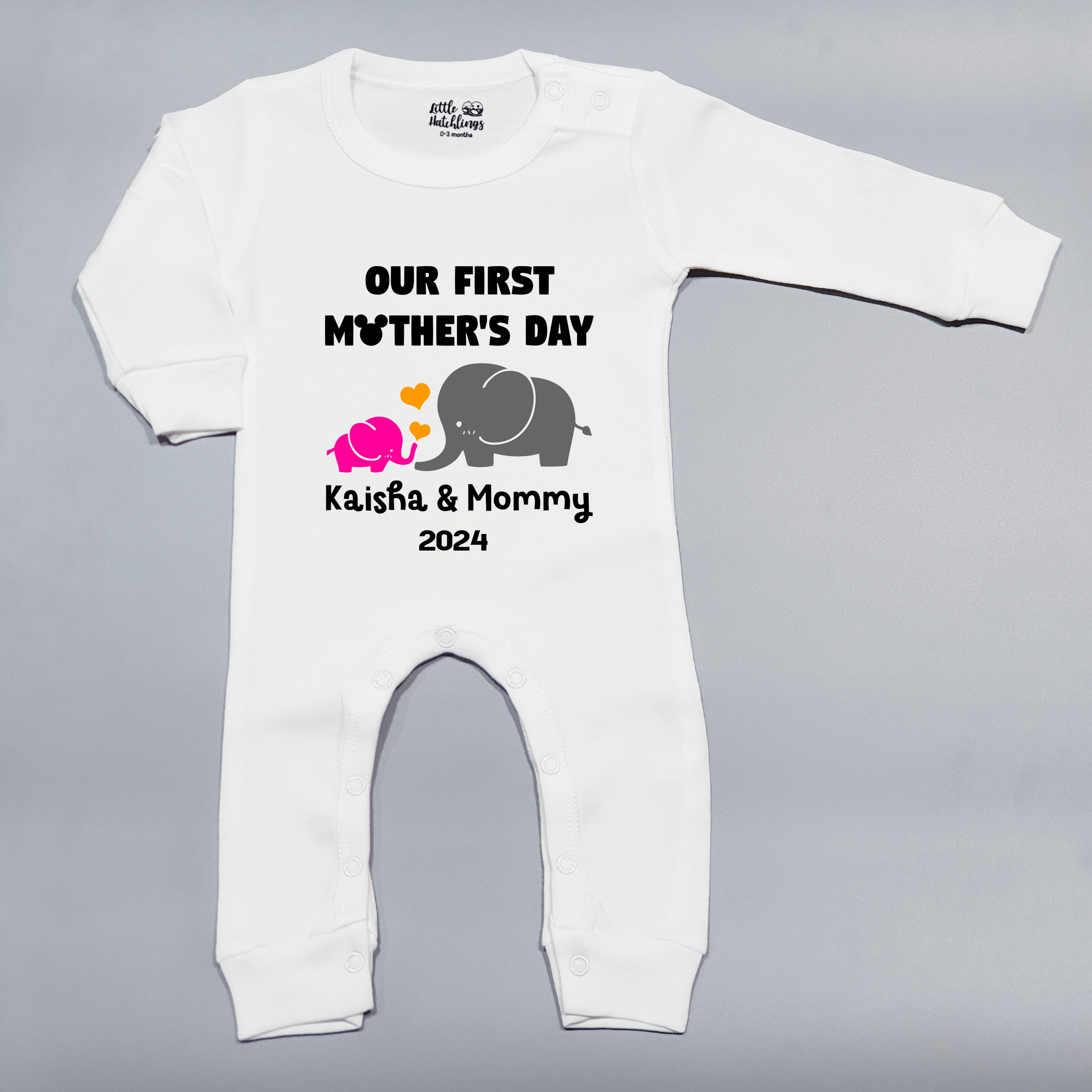 First Mother's Day Personalised - White - Onesie / Romper / Tshirt (Pink Elephant)