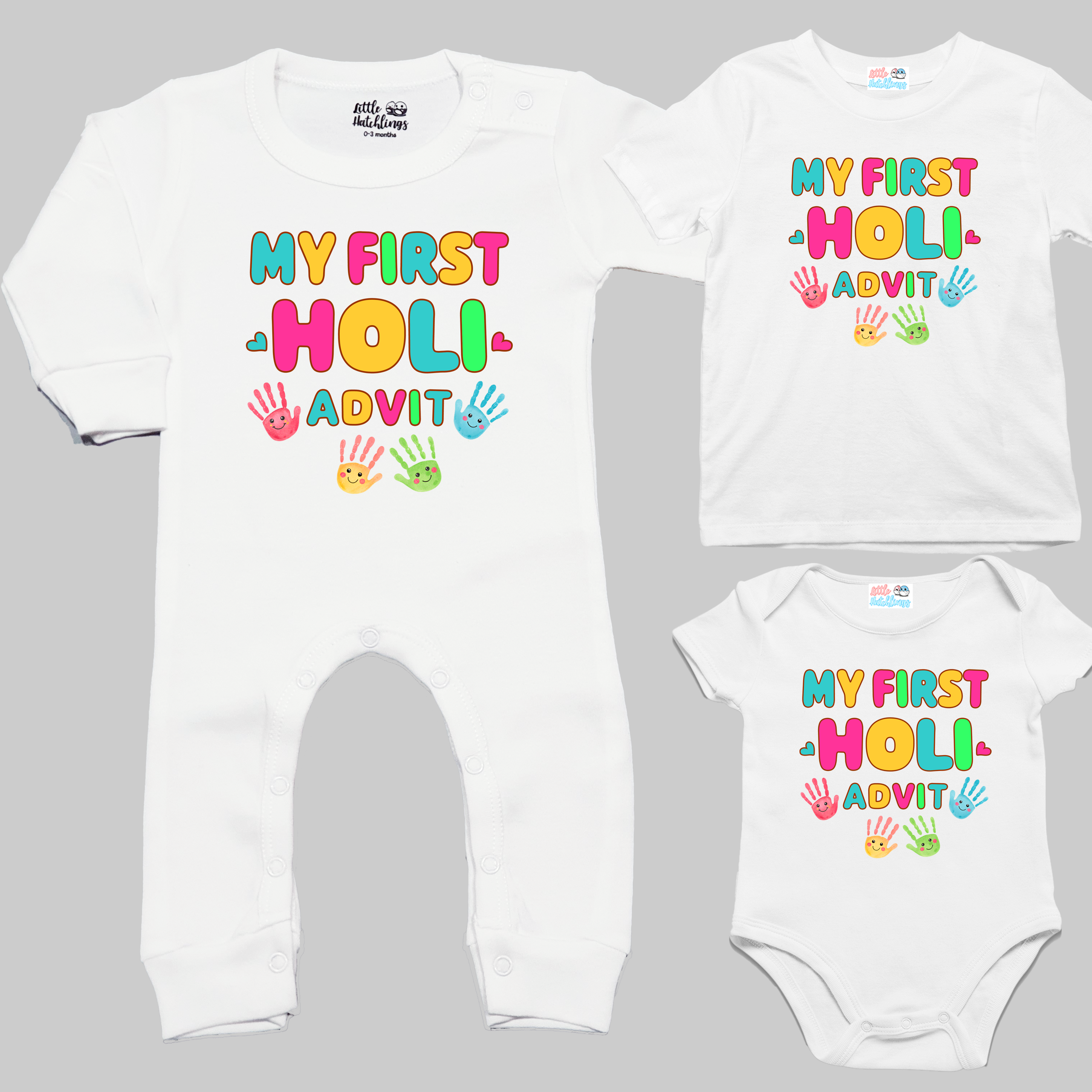 My First Holi white (Colorful + Hands) Onesie/ Full Romper / Tshirt