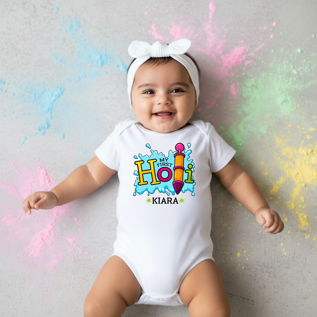 My First Holi White (Big Pichkari) Onesie/ Full Romper / Tshirt