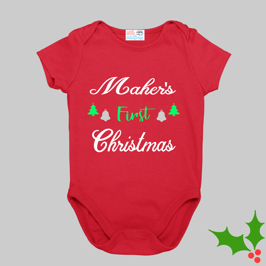 My First Christmas Red Onesie / Full Romper (Bells & Tree)