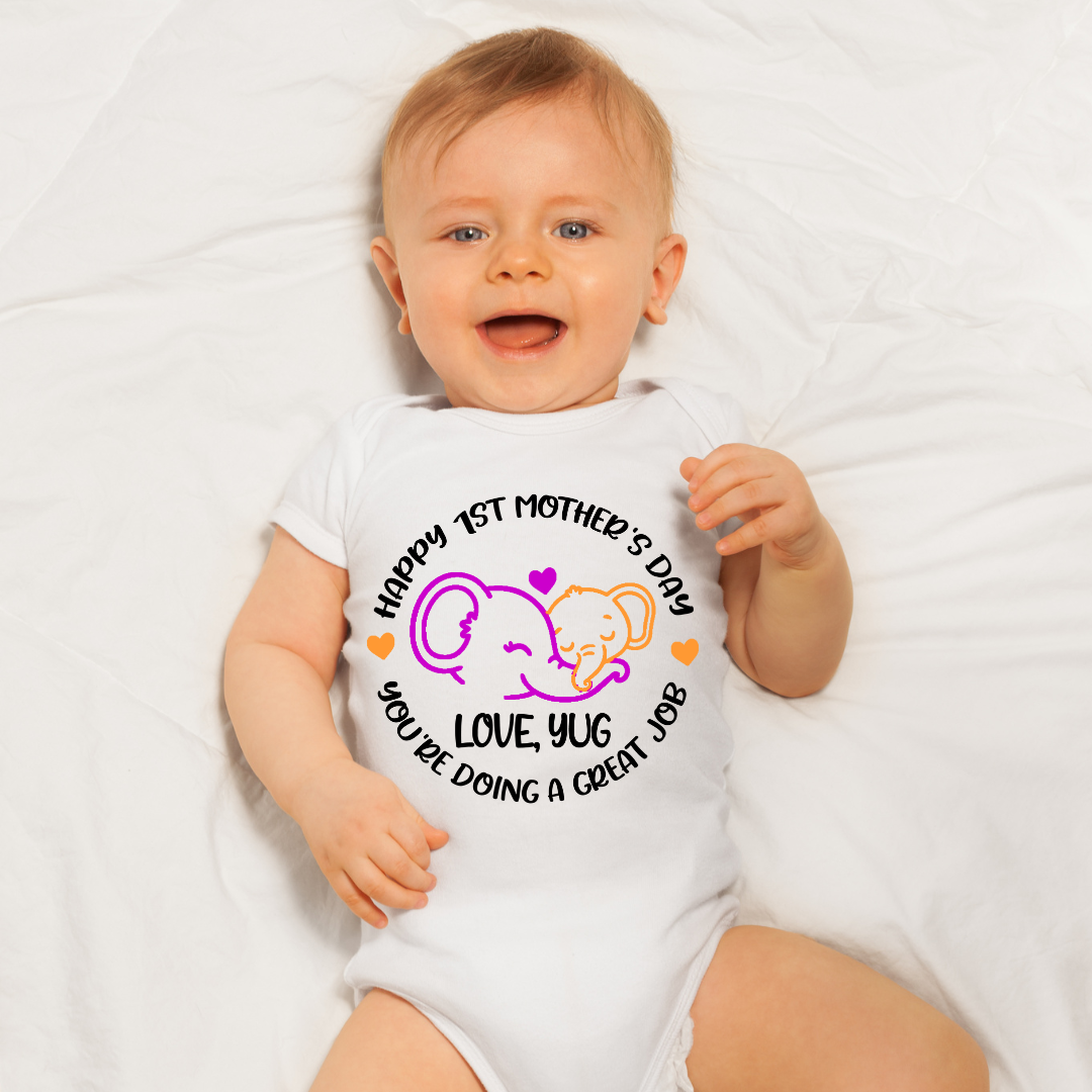 First Mother's Day Personalised - White - Onesie / Romper / Tshirt (Elephant in Circle)