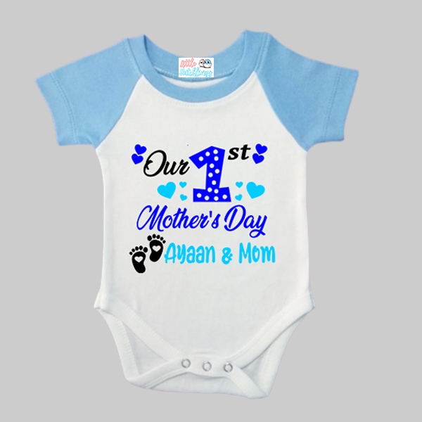 First Mother's Day Personalised White Onesie with Blue Raglan Sleeves