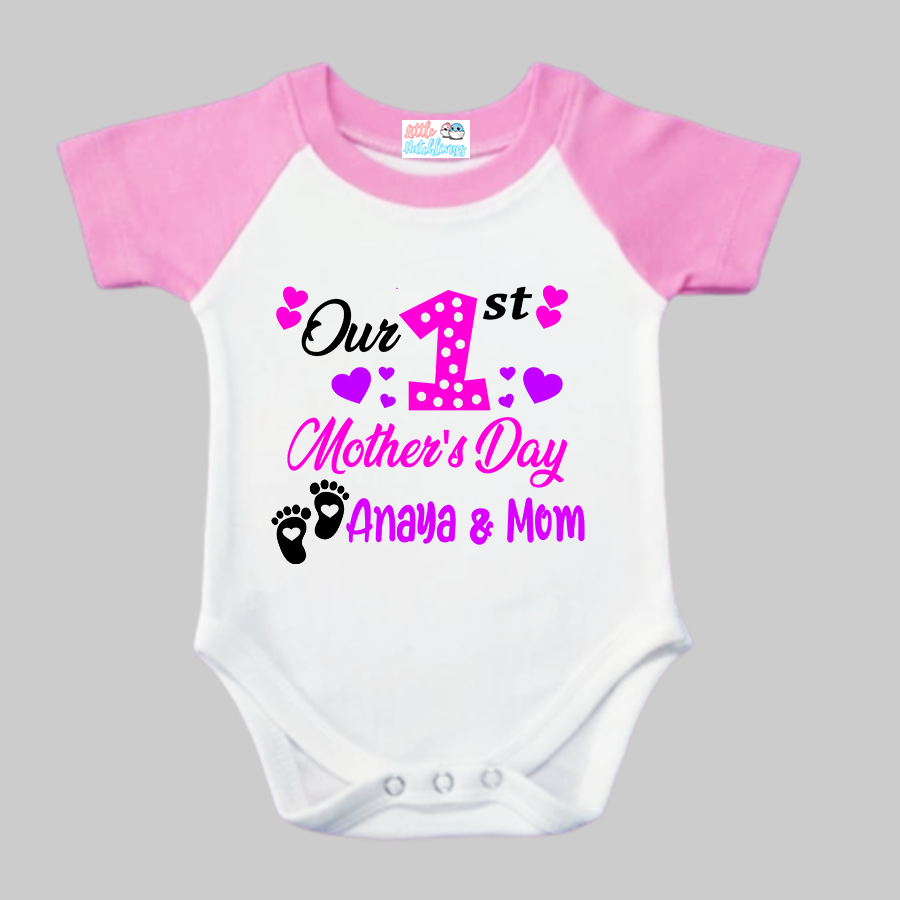 First Mother's Day Personalised White Onesie with Pink Raglan Sleeves