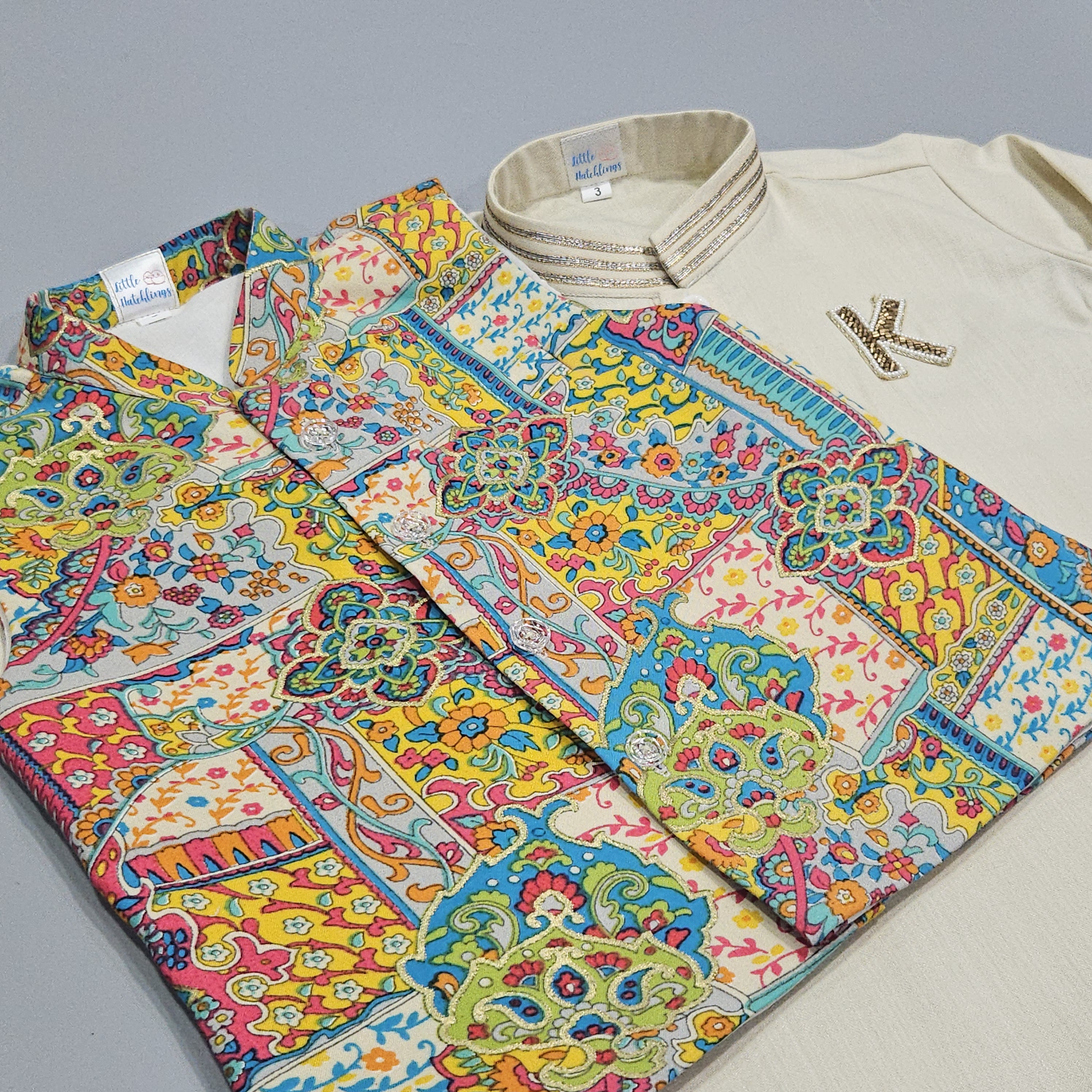 Multi-colour Jacket & Cream Kurta Pyjama Set